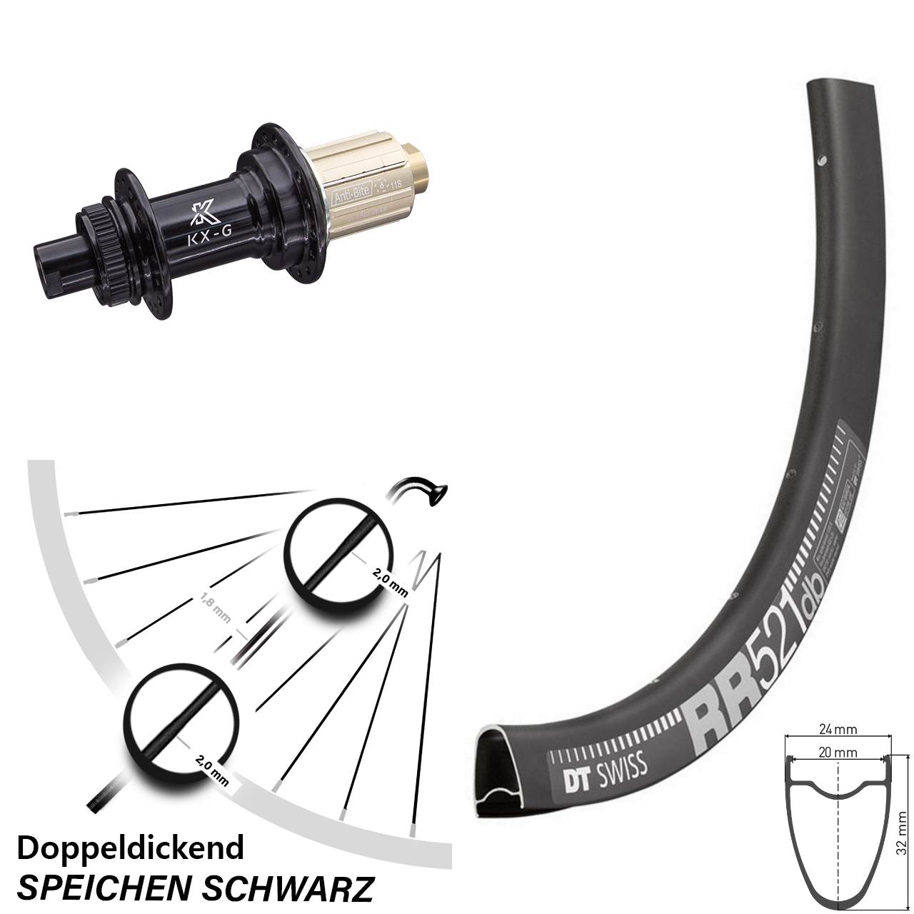 Hinterrad Centerlock 12x142 28 Zoll DT Swiss RR521 KX-G 8-12 fach