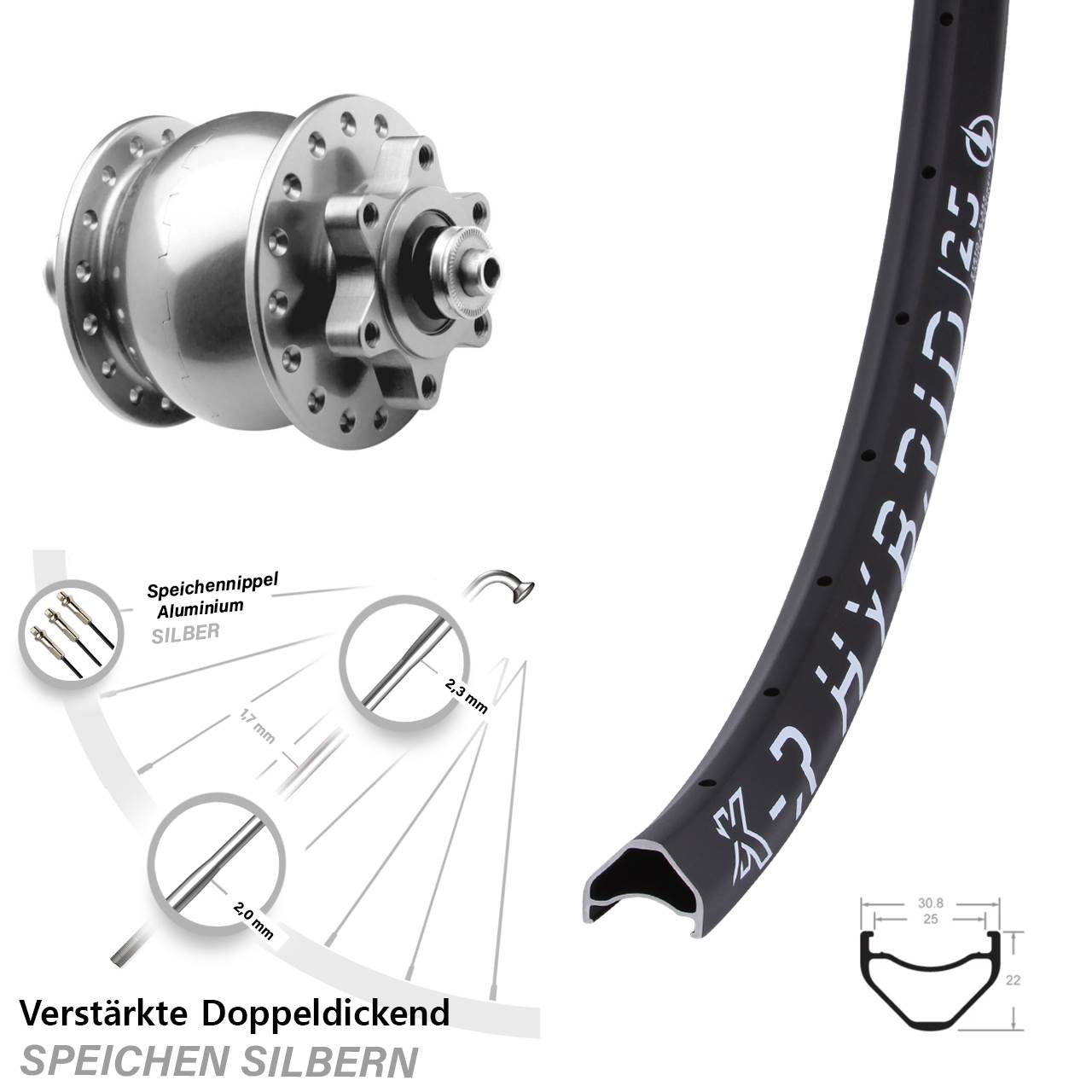 Nabendynamo Vorderrad SON 28 Disc 6-Loch Hohlachse silbern eloxiert KX-R Hybrid