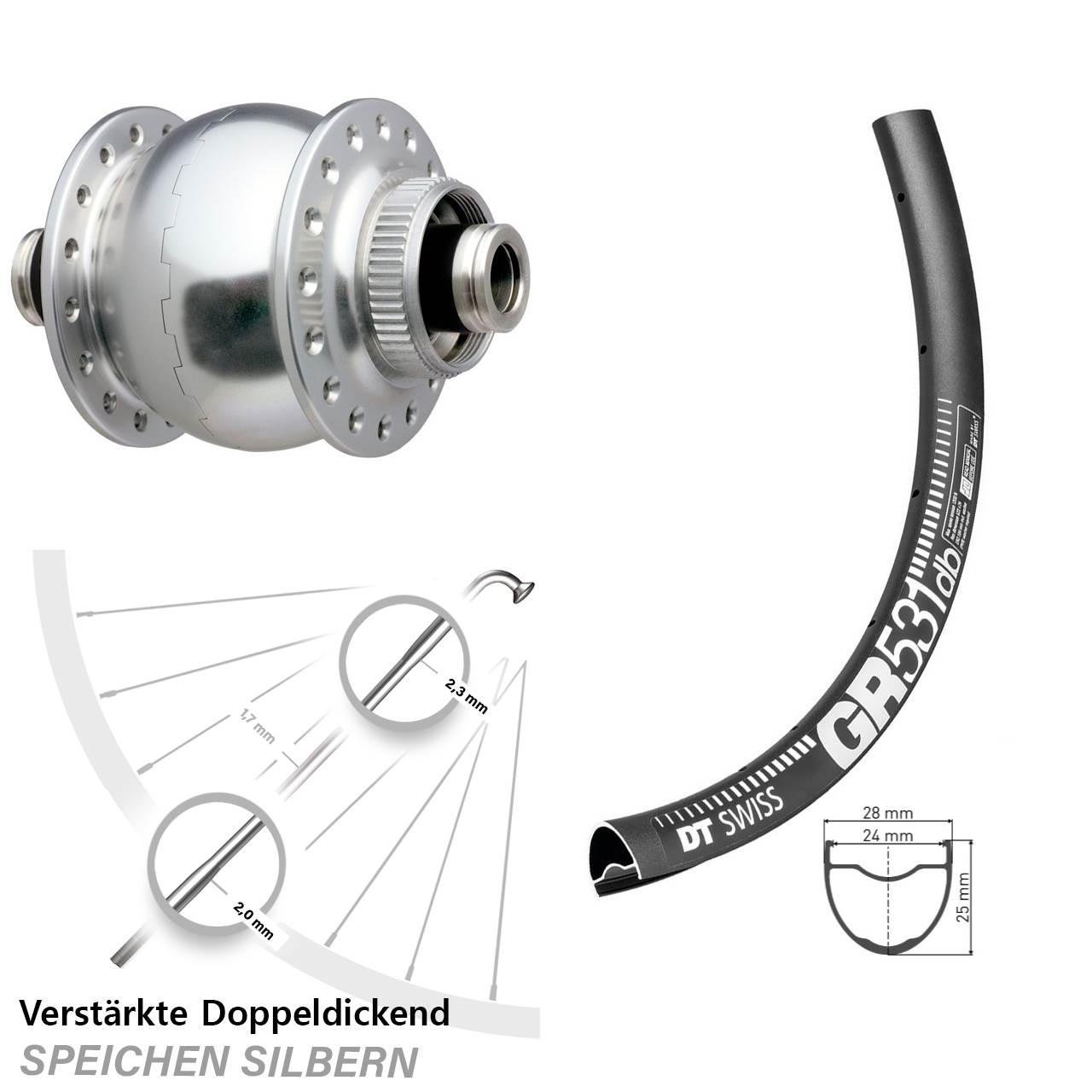 SON 28 silbern DT Swiss GR 531 27,5 Zoll Nabendynamovorderrad Centerlock 12x100