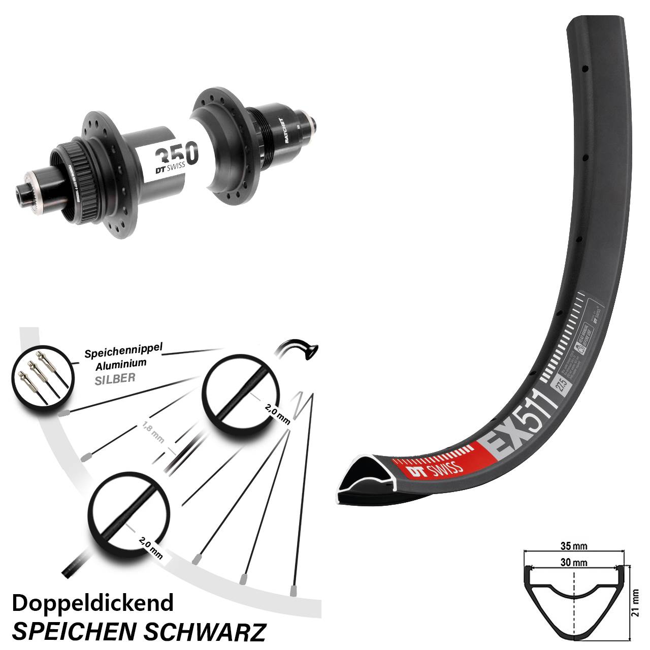 Centerlock Hinterrad 29 Zoll DT Swiss EX511-350 SRAM XD für Schnellspanner Boost