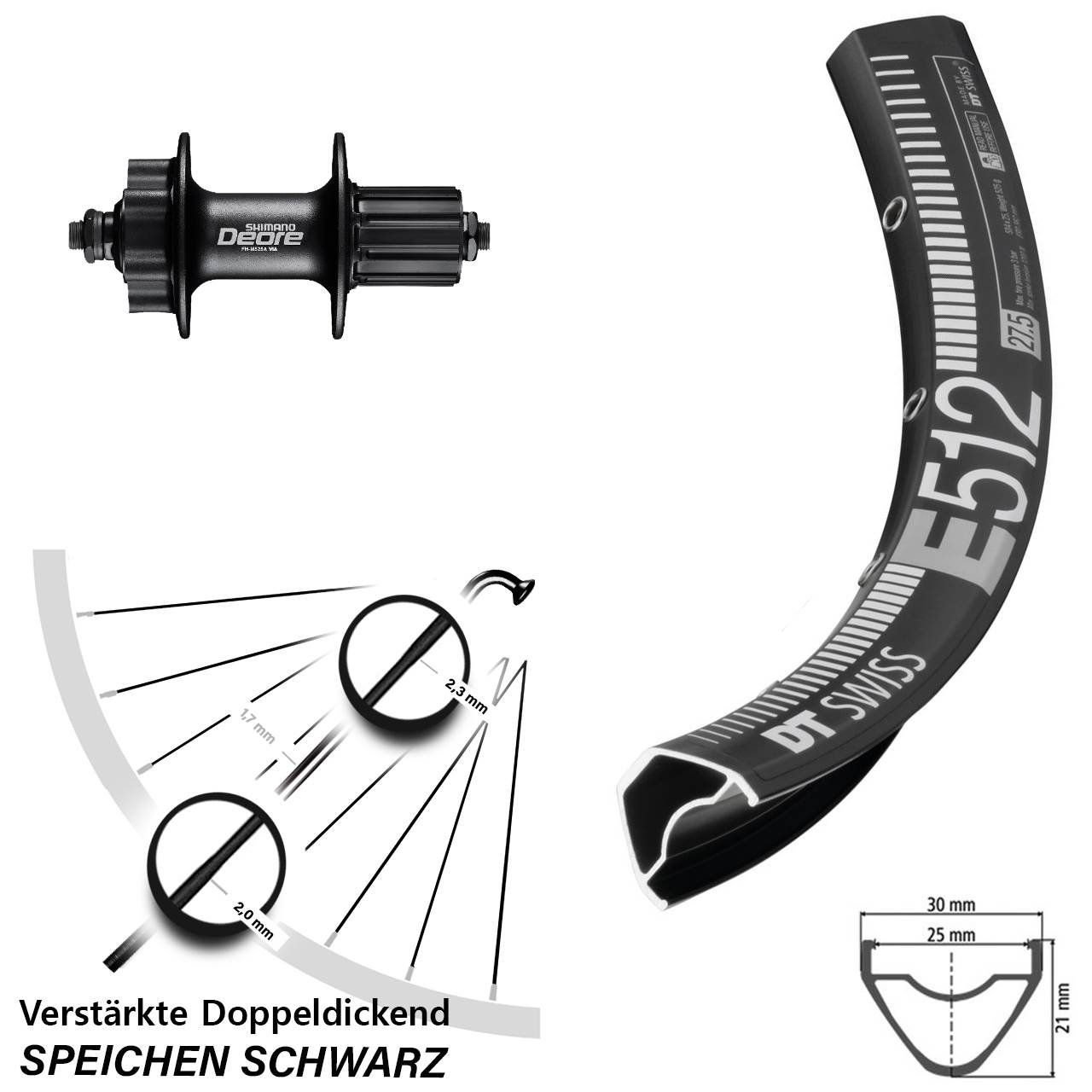 650B DT Swiss E 512 Shimano Deore FH-M525 6-Loch Hinterrad QR 8-11 fach HG