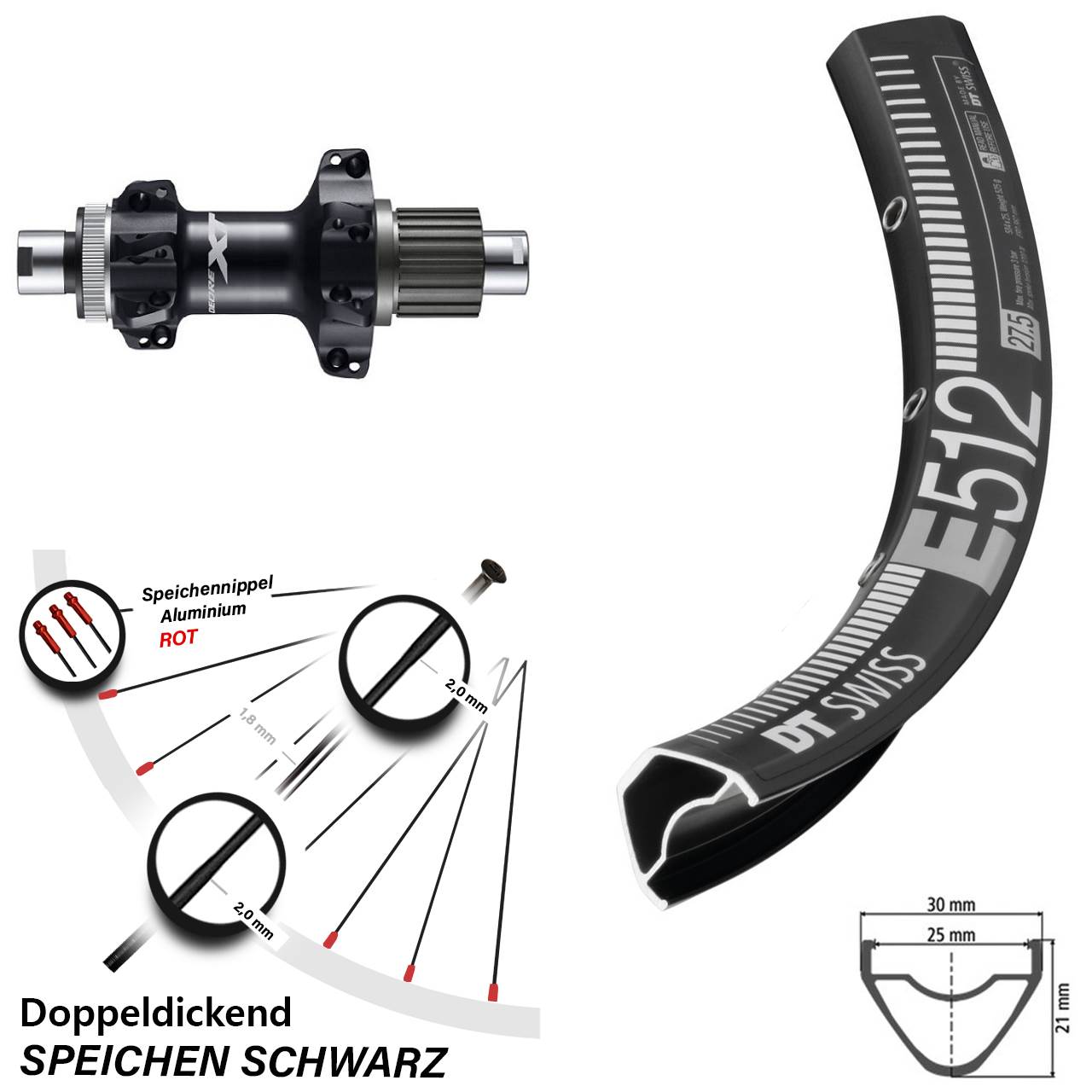 Hinterrad 29 Zoll DT Swiss E512 Shimano Deore XT FH-M8110-BS Straightpull 12-fach