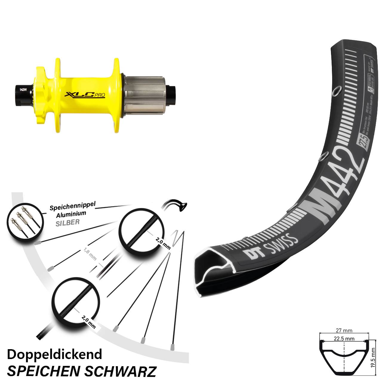 DT Swiss M 442 Hinterrad 29 Zoll XLC Pro gelb 12x142 mm 11-fach