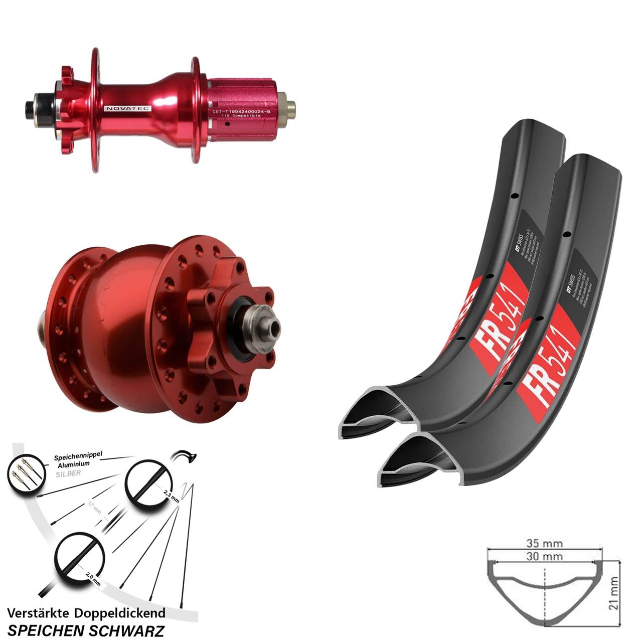 29 Zoll DT Swiss FR541 Novatec D792SB SON 28 rot Laufradsatz 6-Loch QR 8-12 fach