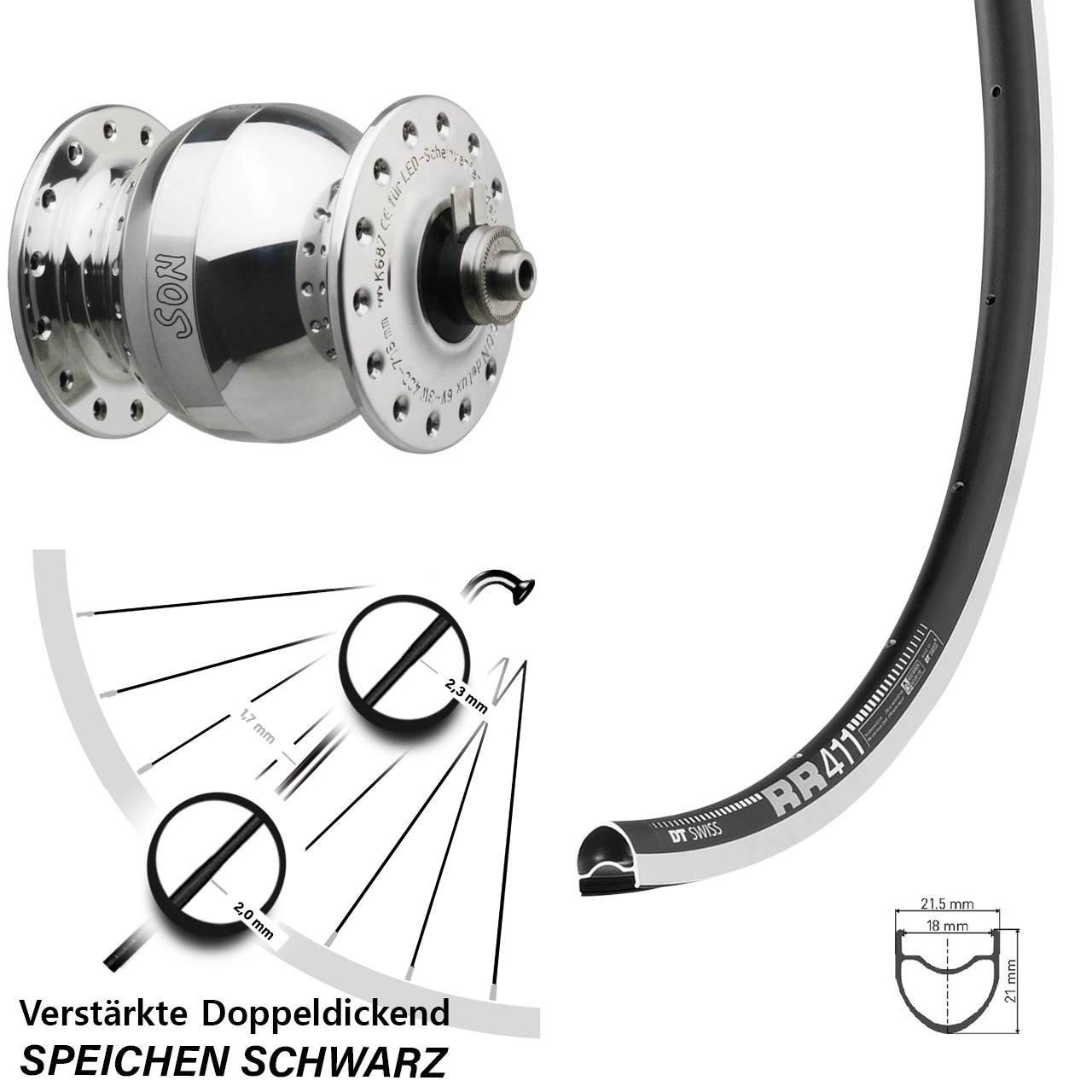 28 Zoll DT Swiss RR 411 SON delux wide body Dynamo-Vorderrad QR