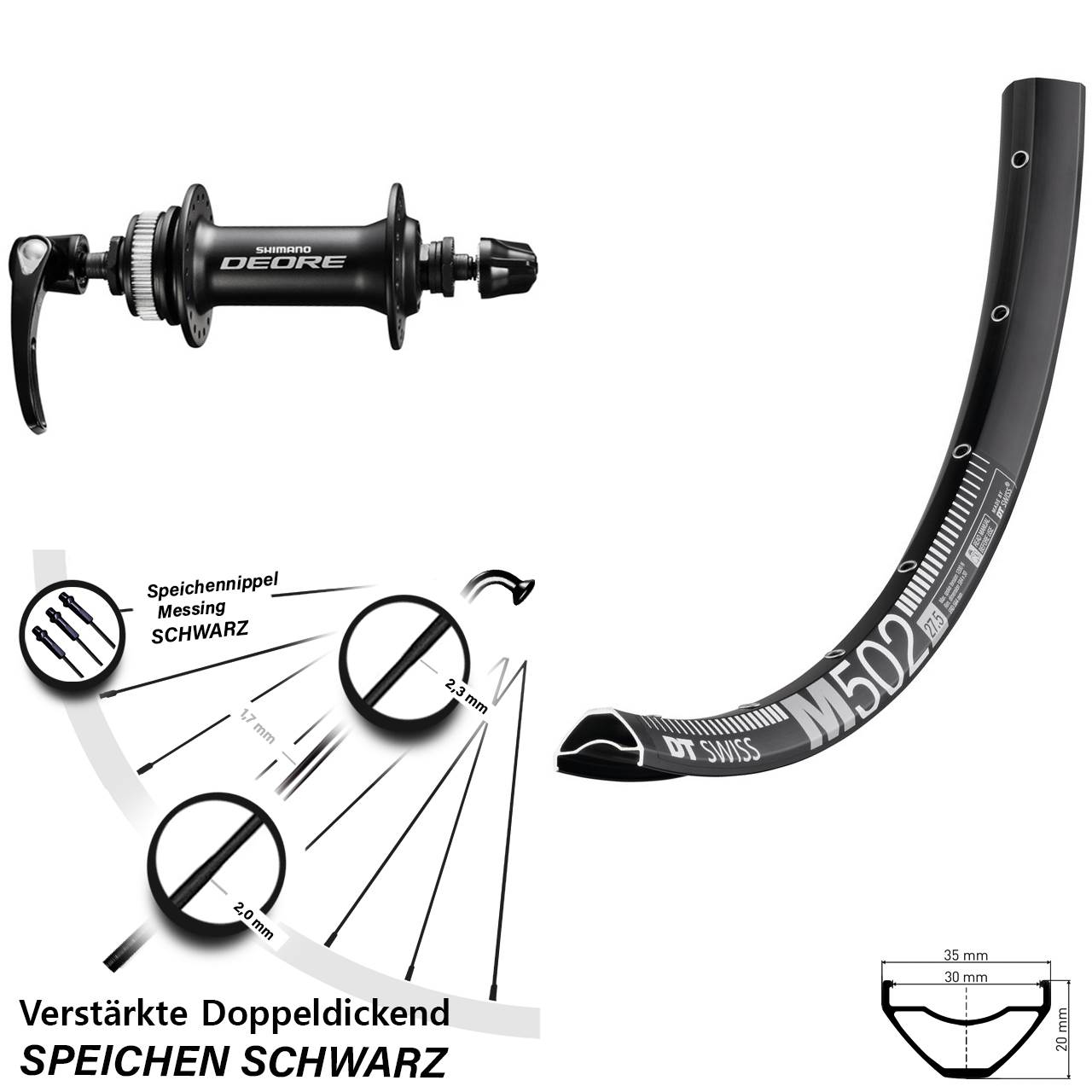 27,5 Zoll DT Swiss M502 Shimano Deore Vorderrad Centerlock QR