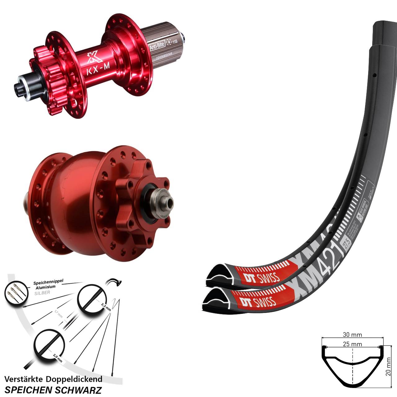 Disc Laufrad-Satz für Schnellspanner 29 Zoll DT Swiss XM 421 KX-M rot SON 28 8-12 fach HG