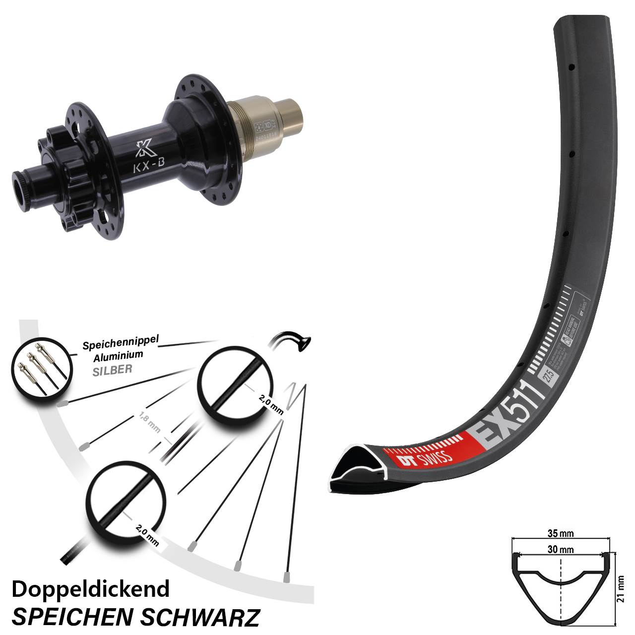 DT Swiss EX511 KX-B 29 Zoll 6-Loch Hinterrad 12x148 SRAM XD