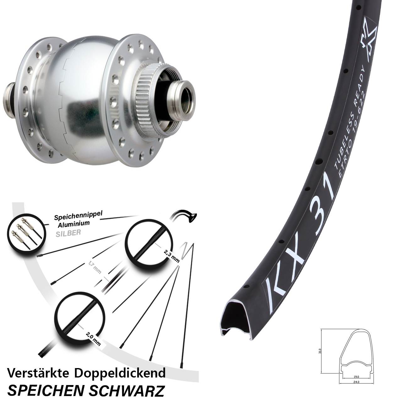 Vorderrad 28 Zoll KX 31 SON delux 12x100 Centerlock silbern eloxiert