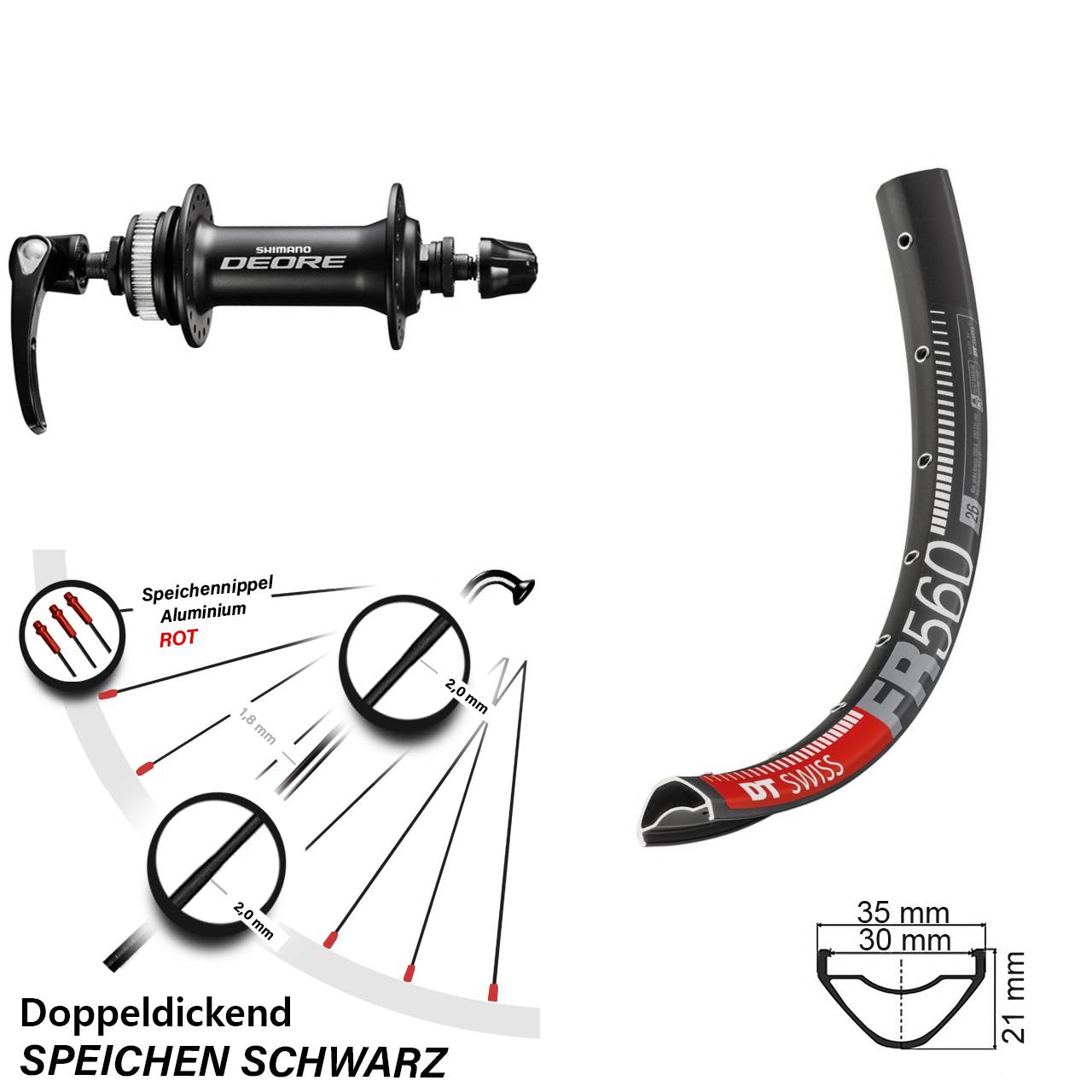 Vorderrad Centerlock 26 Zoll DT Swiss FR 560 Shimano Deore QR