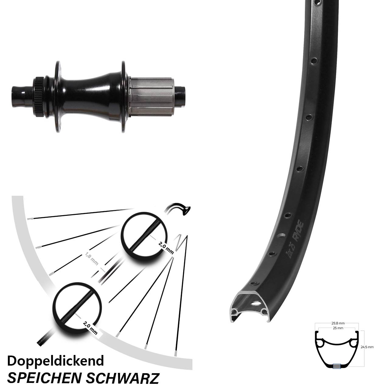 Hinterrad Centerlock 12x148 28-29 Zoll Ryde ZAC 25 Formula CL-148S 8-11 fach