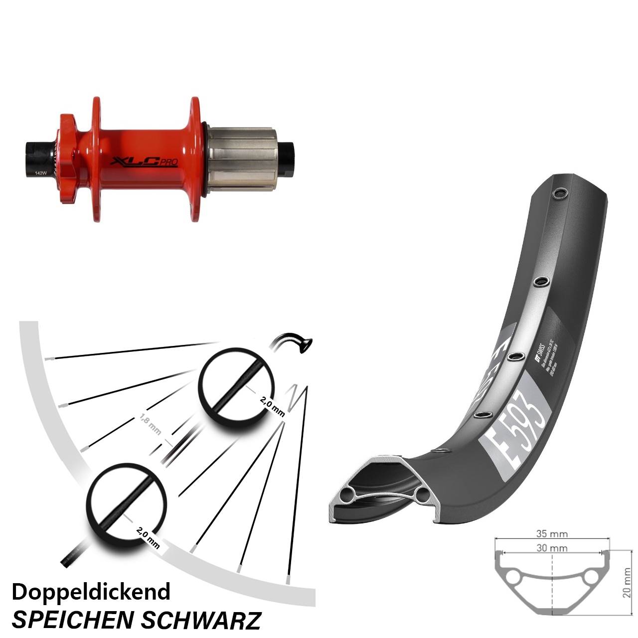 6-Loch Hinterrad 29 Zoll DT Swiss E 593 XLC rot 8-11 fach HG 12x142