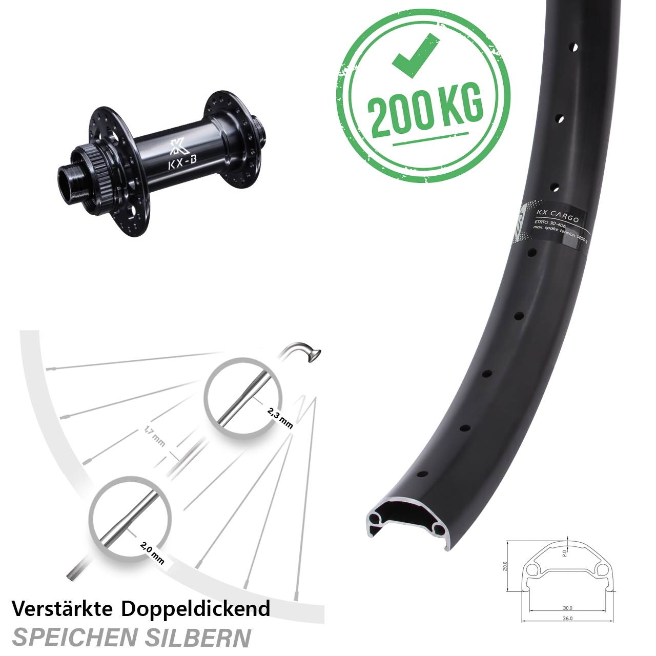 Boost Centerlock Vorderrad 15x110 20 Zoll KX Cargo verstärkt