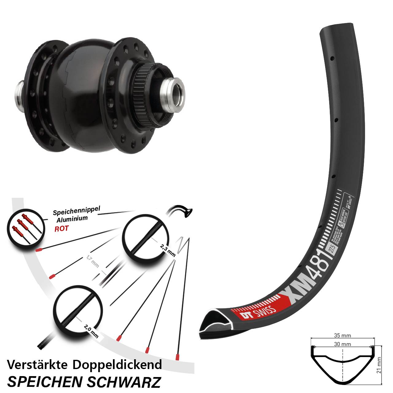 Disc Vorderrad mit Nabendynamo 12x100 27,5 Zoll DT Swiss XM481 SON 28