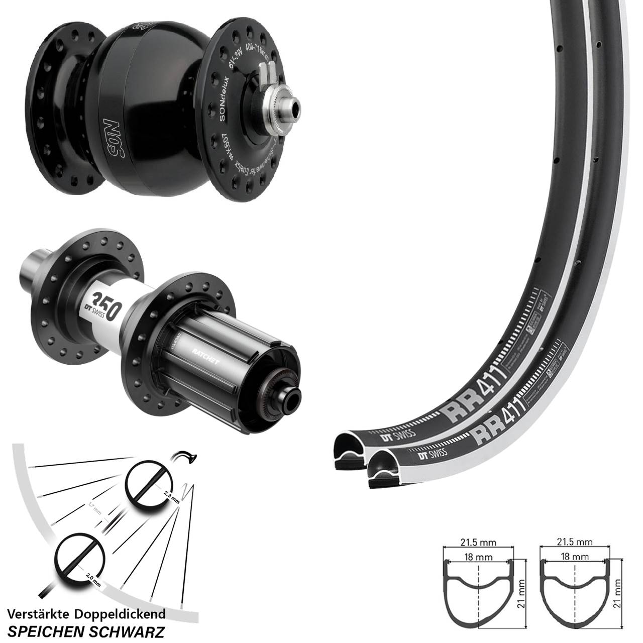 28 Zoll DT Swiss RR411 OS-350 SON delux wide body Laufradsatz QR 11-12 fach