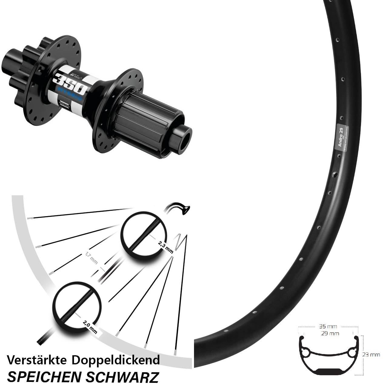Ryde Andra 29 DT Swiss 350 Hybrid 20 Zoll 6-Loch Hinterrad 12x148 8-11 fach