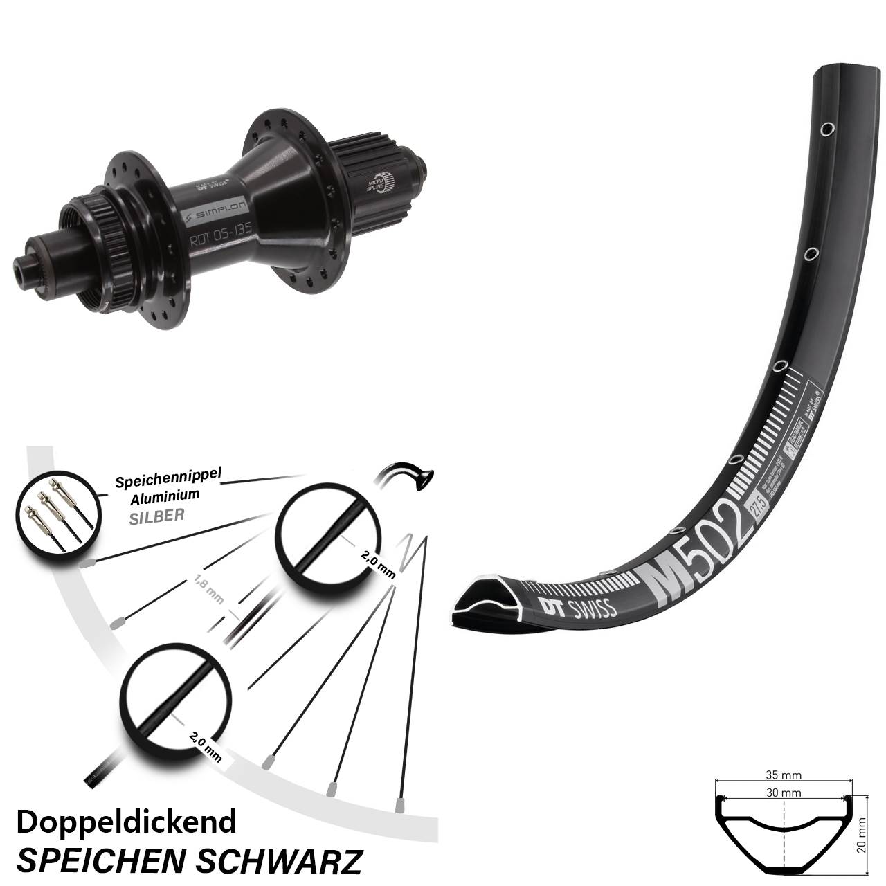 DT Swiss M 502-370 Hybrid 27,5 Zoll Disc Hinterrad für Schnellspanner Shimano Micro Spline
