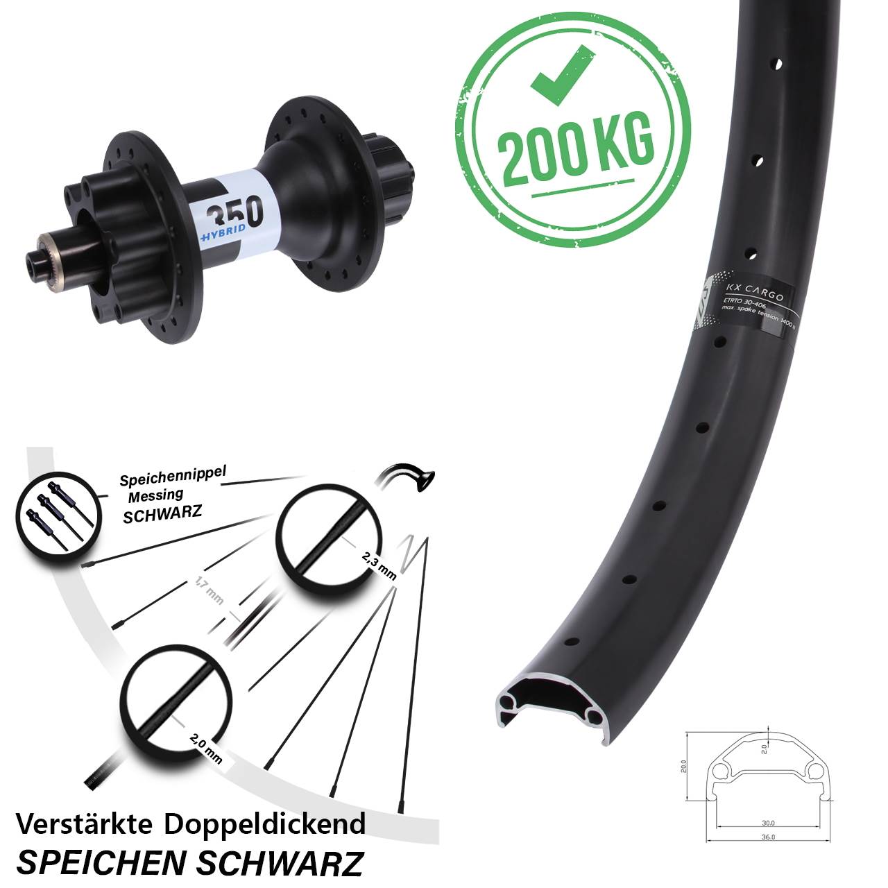 KX Cargo DT Swiss 350 Hybrid Singlespeed 20 Zoll Hinterrad 6-Loch für Schnellspanner