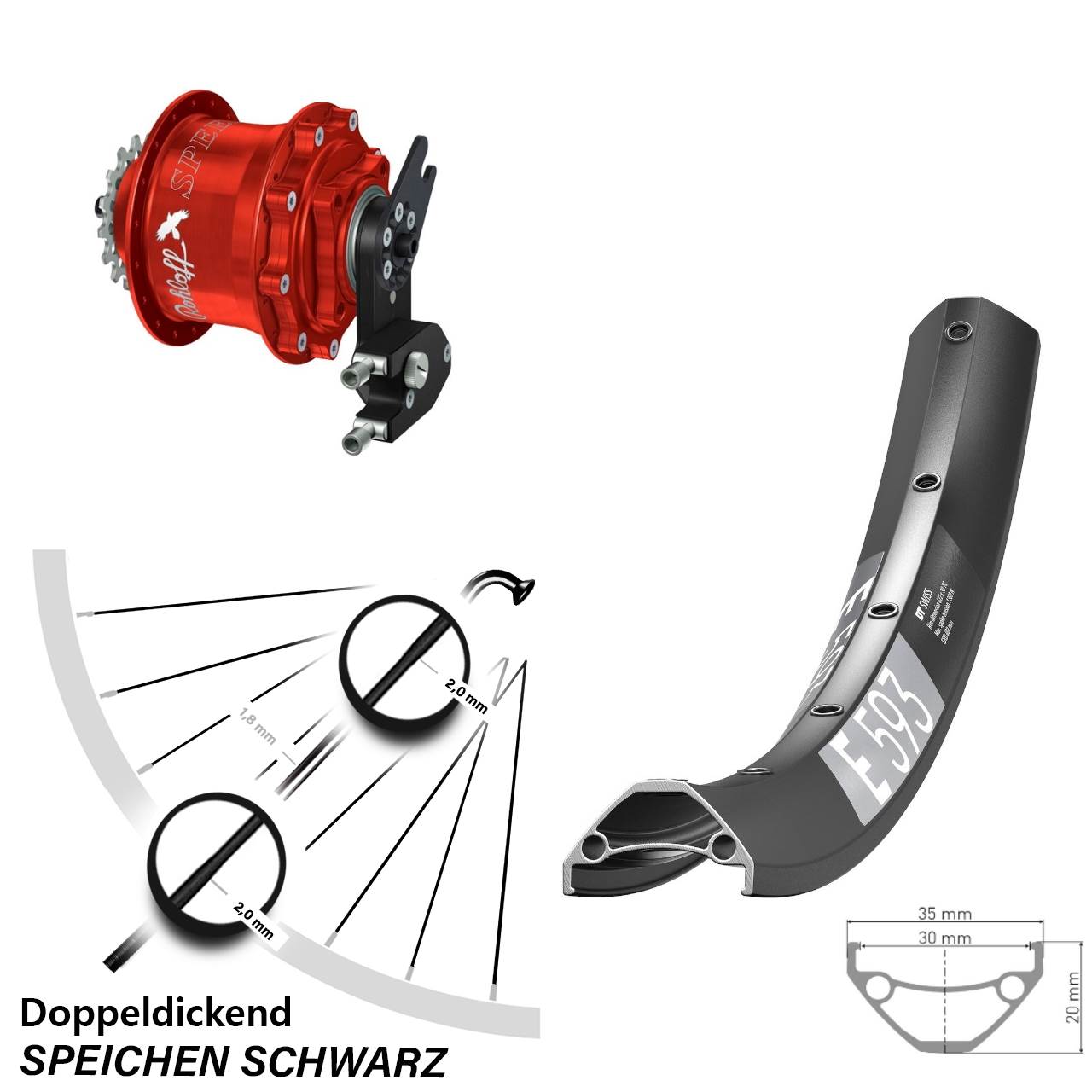 29 Zoll DT Swiss E 593 Rohloff 500/14 CC DB OEM2 Tandem rot