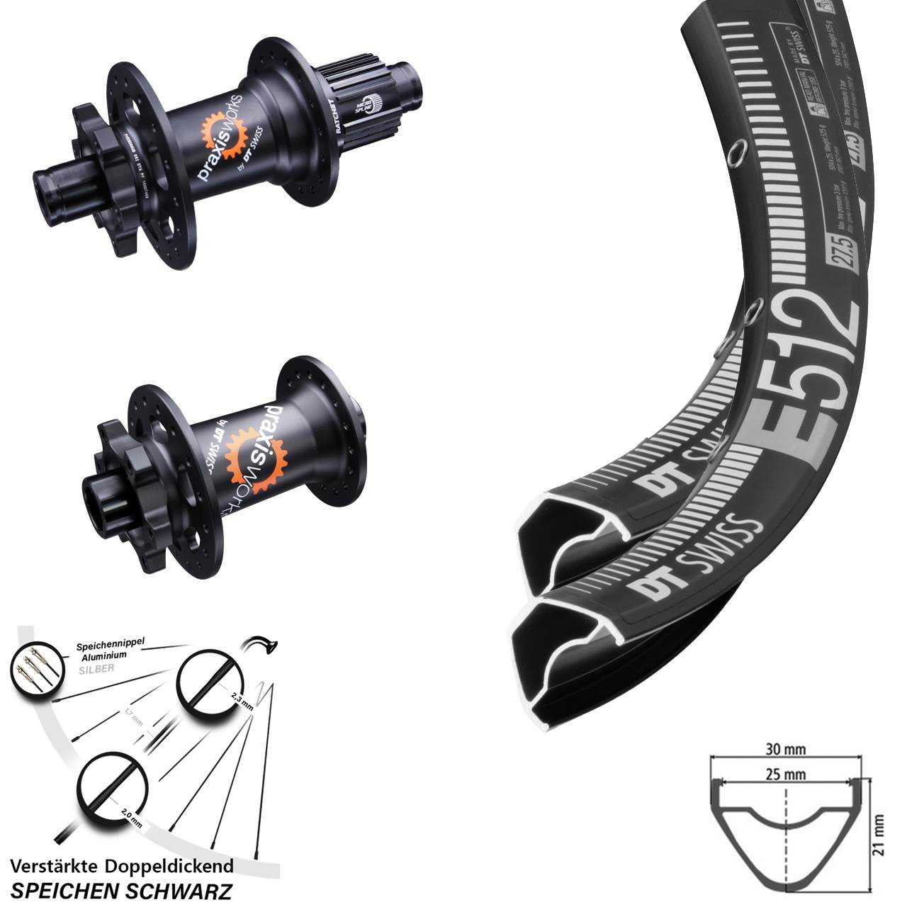 29 Zoll DT Swiss E 512 350 6-Loch Laufradsatz 15x100 12x142 Shimano Micro Spline