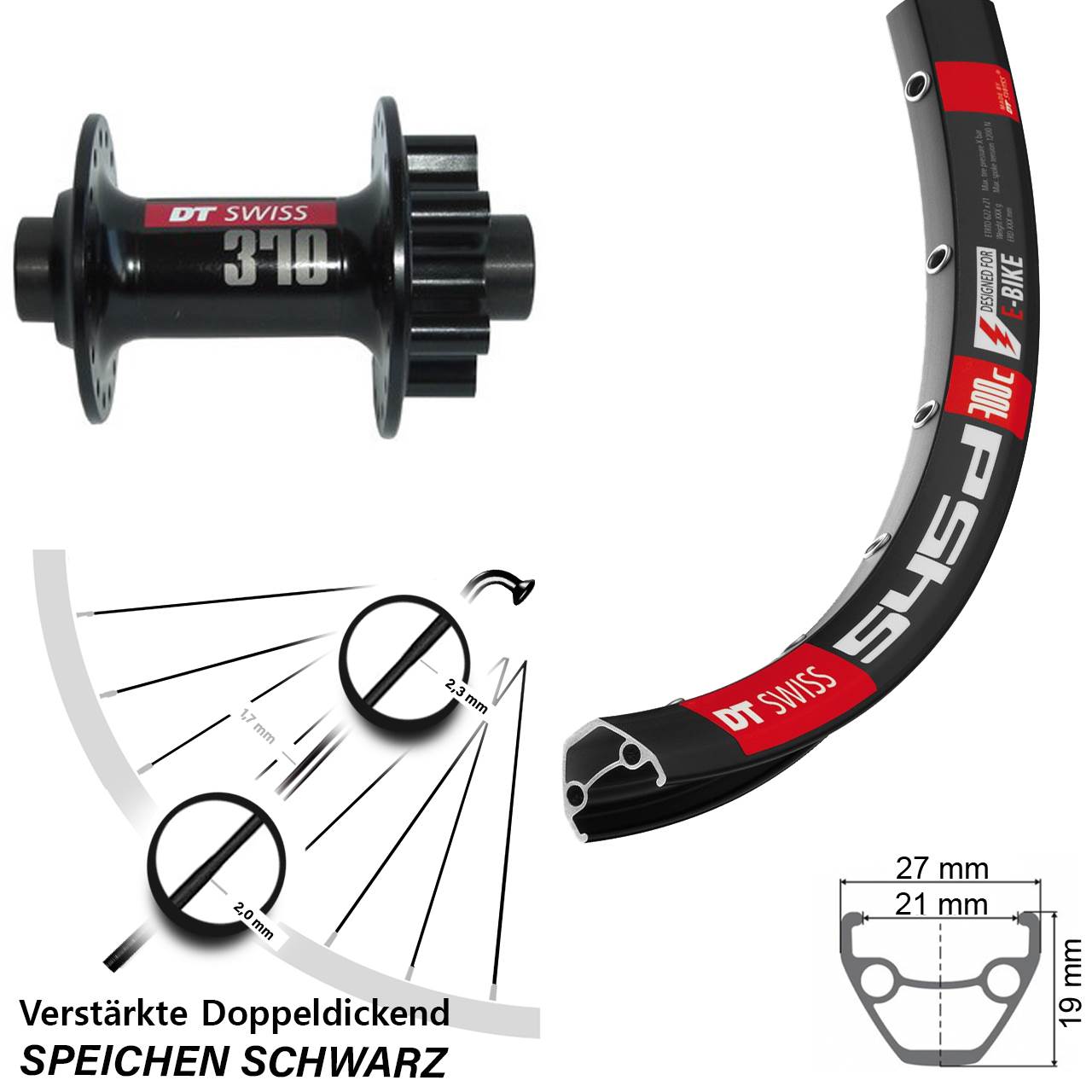 28 Zoll DT Swiss 545-370 6-Loch Vorderrad 12x100