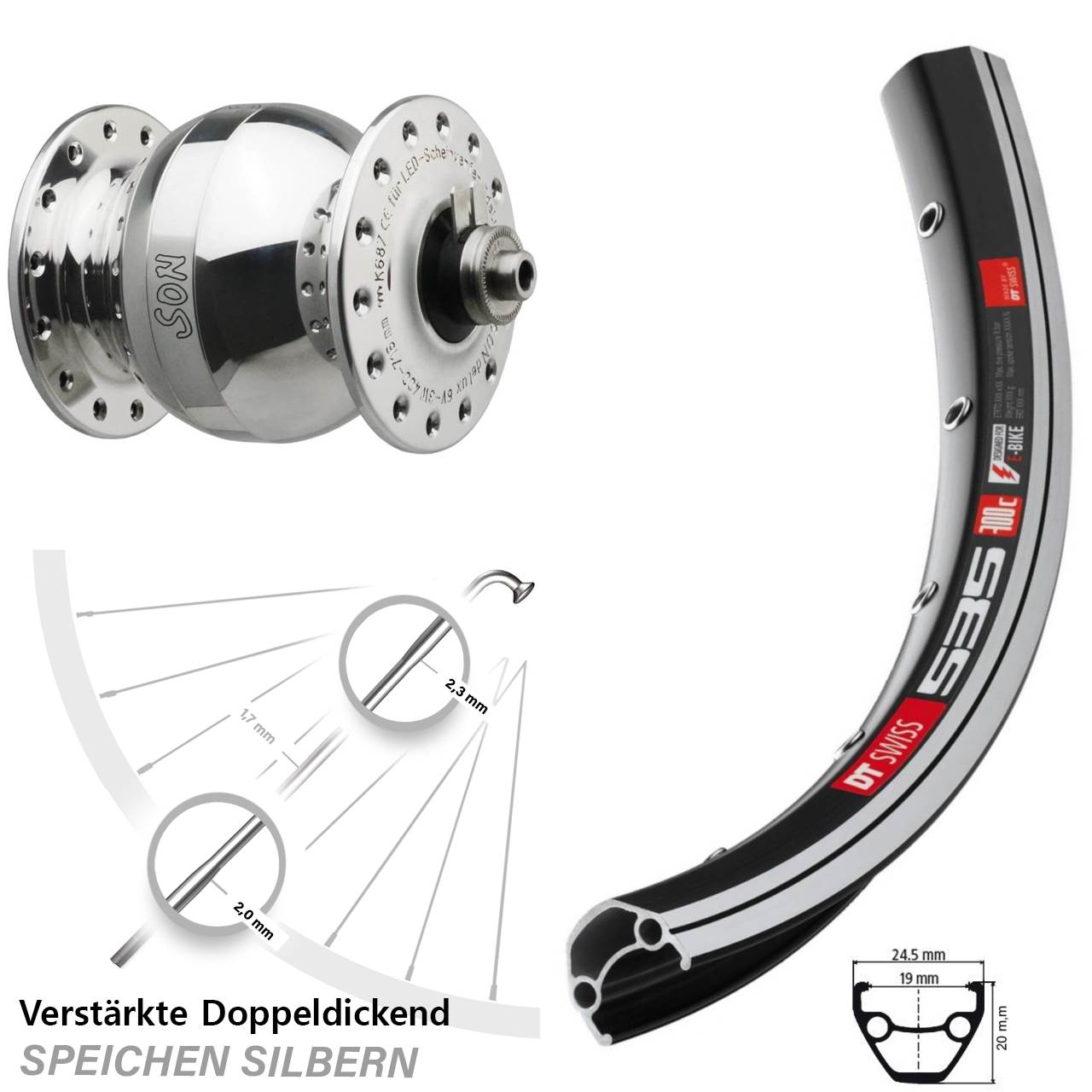 Nabendynamo Vorderrad SON delux Wide Body DT Swiss 535 28 Zoll