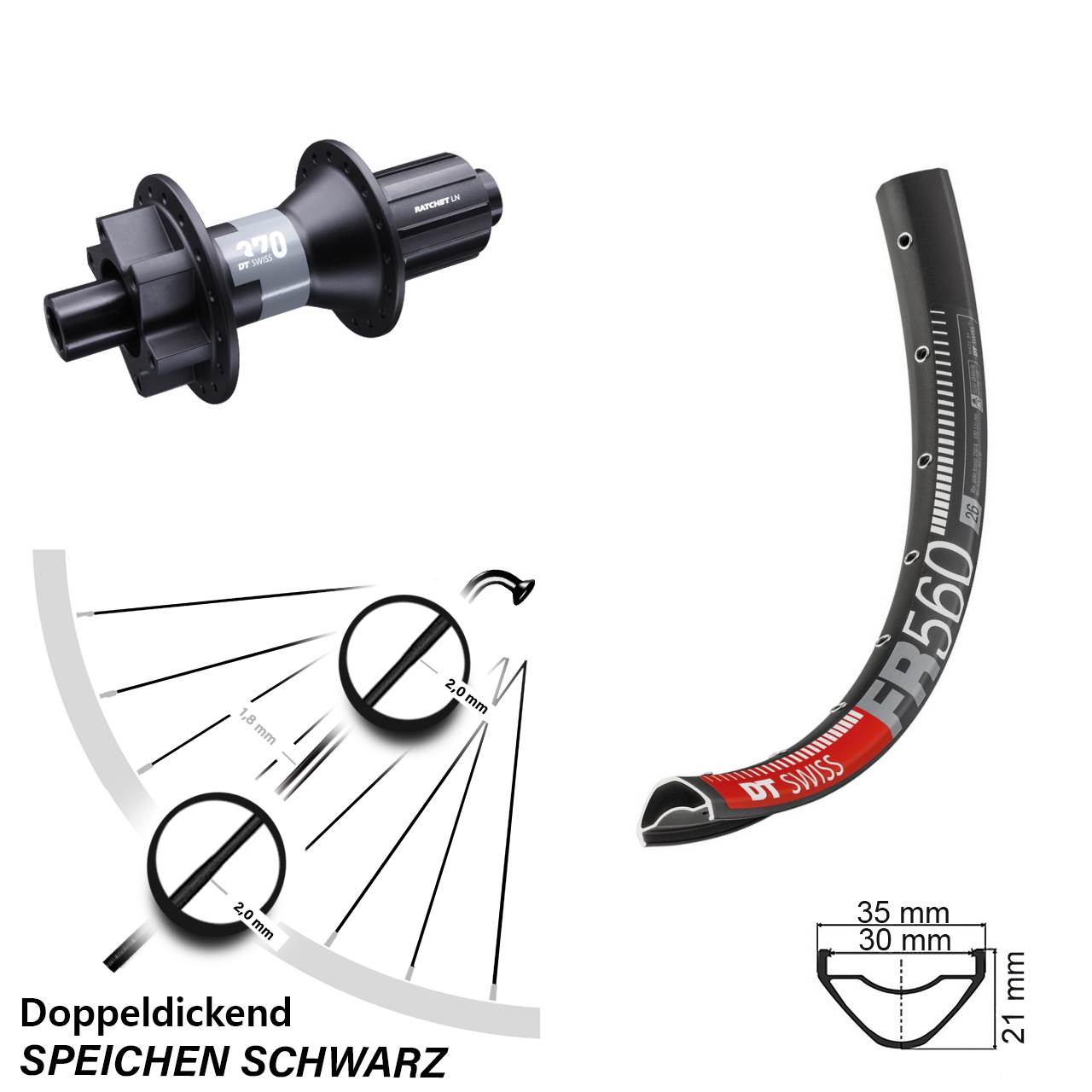 6-Loch Hinterrad 26 Zoll DT Swiss FR560-370 8-11 fach 12x142