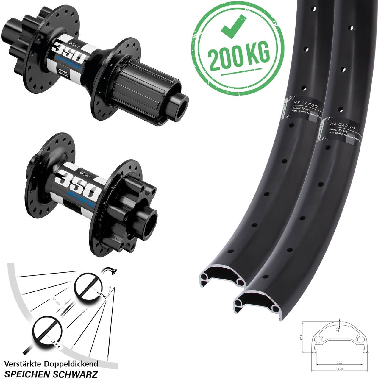 Disc Laufrad-Satz 15x110 12x148 20 Zoll 650B KX Cargo DT Swiss 350 Hybrid 8-11 fach HG