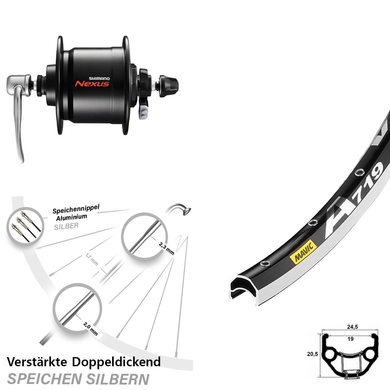 28 Zoll Mavic A719 Shimano Nexus DH-C3000-3N-QR Vorderrad mit Nabendynamo QR