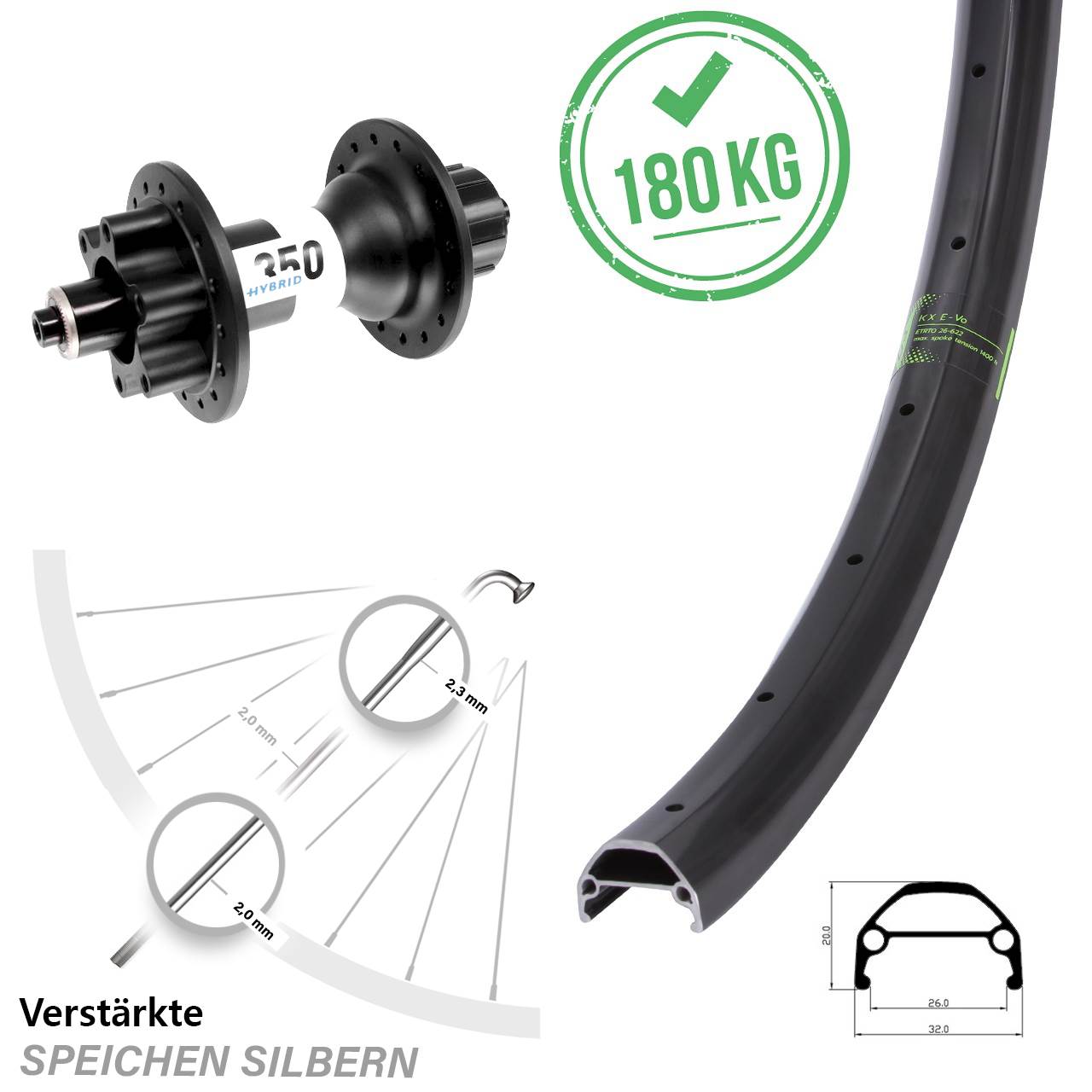 KX Evo DT Swiss 350 Hybrid Singlespeed 26 Zoll 6-Loch Hinterrad QR
