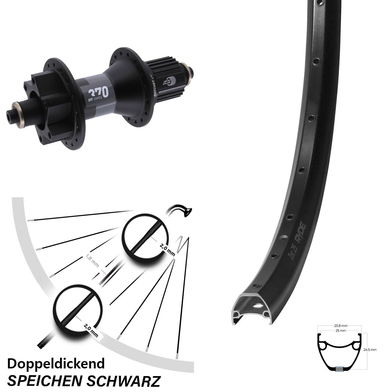29 Zoll Ryde ZAC 25 DT Swiss 370 Boost Disc Laufrad für Schnellspanner Micro Spline