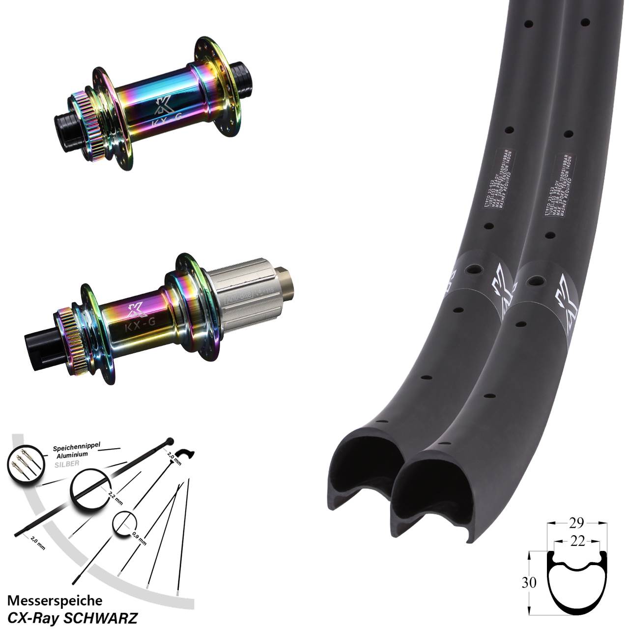 KX-GRC Gravel Carbon Oilslick 28-29 Zoll Disc Laufrad-Satz 12x100/142 CX-Ray 8-12 fach HG