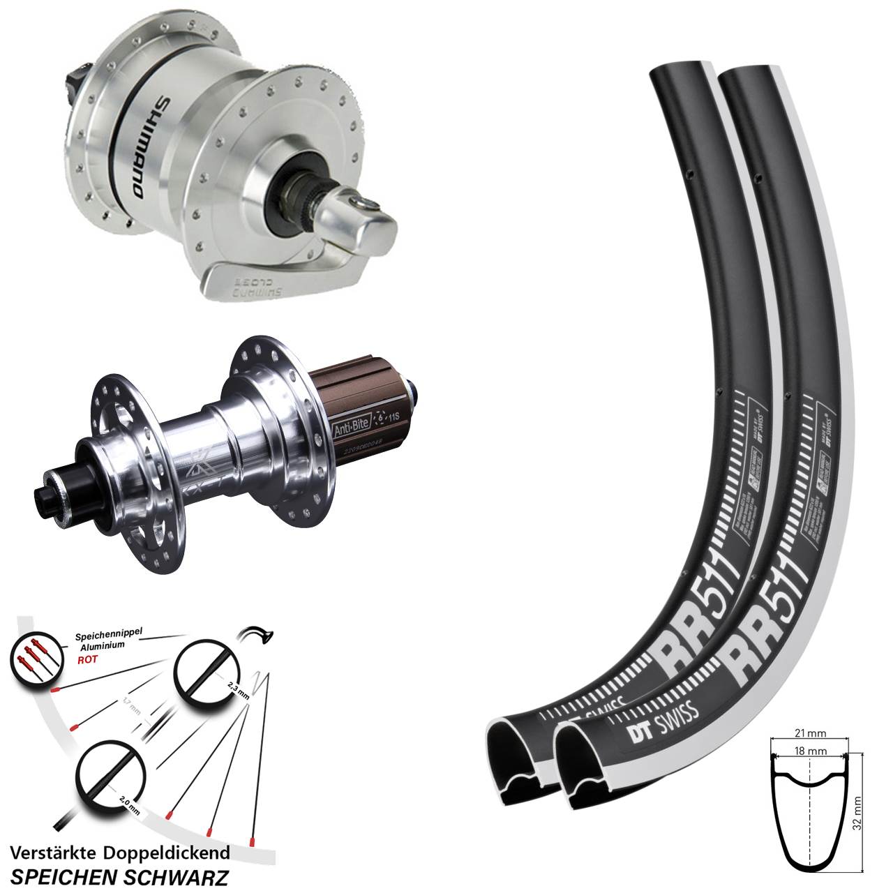 DT Swiss RR 511 KX-T Shimano DH-3N72 28 Zoll Laufrad-Satz für Schnellspanner 8-12 fach HG
