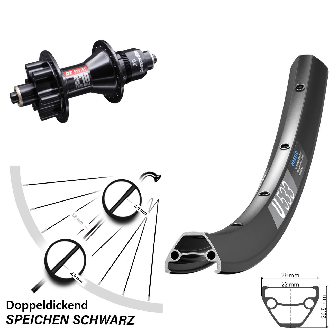 27,5 Zoll Hinterrad DT Swiss U533-370 6-Loch XD QR