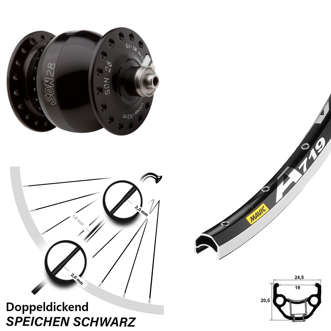 Nabendynamo Vorderrad Mavic A 719 SON 28 Zoll