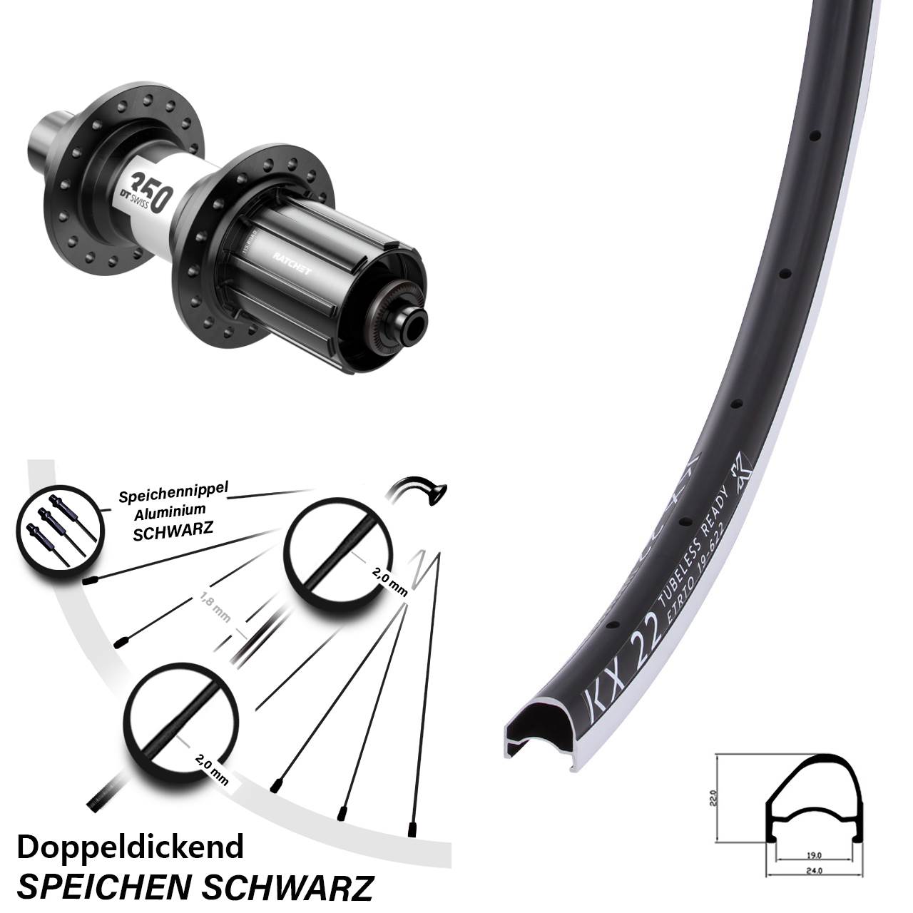 Hinterrad für Schnellspanner 28 Zoll KX 22 OS DT Swiss 350 11-12 fach