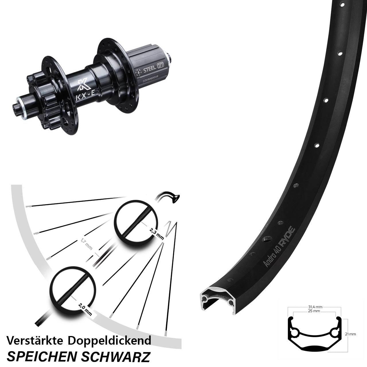 26 Zoll Hinterrad verstärkt KX-E Ryde Andra 40 Disc 5x135 mm Shimano 8-12 fach
