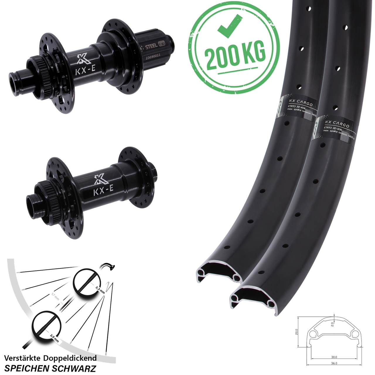 Disc Laufradsatz 20 Zoll KX-E Cargo 4-fach gelagert Heavy Duty 8-12 fach HG 15x110 12x148