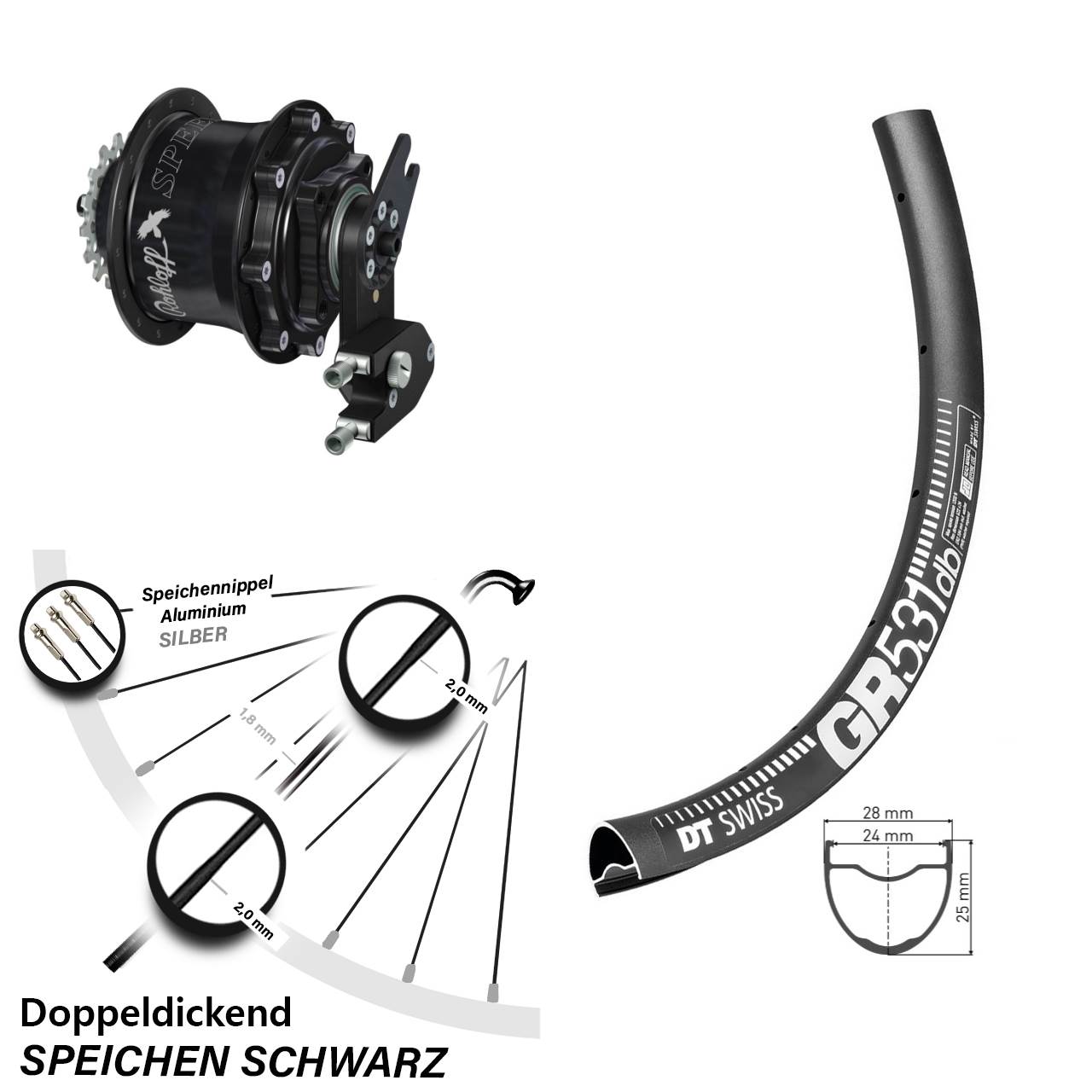 Disc Laufrad 28 Zoll DT Swiss GR 531 Rohloff CC DB OEM2 Tandem schwarz