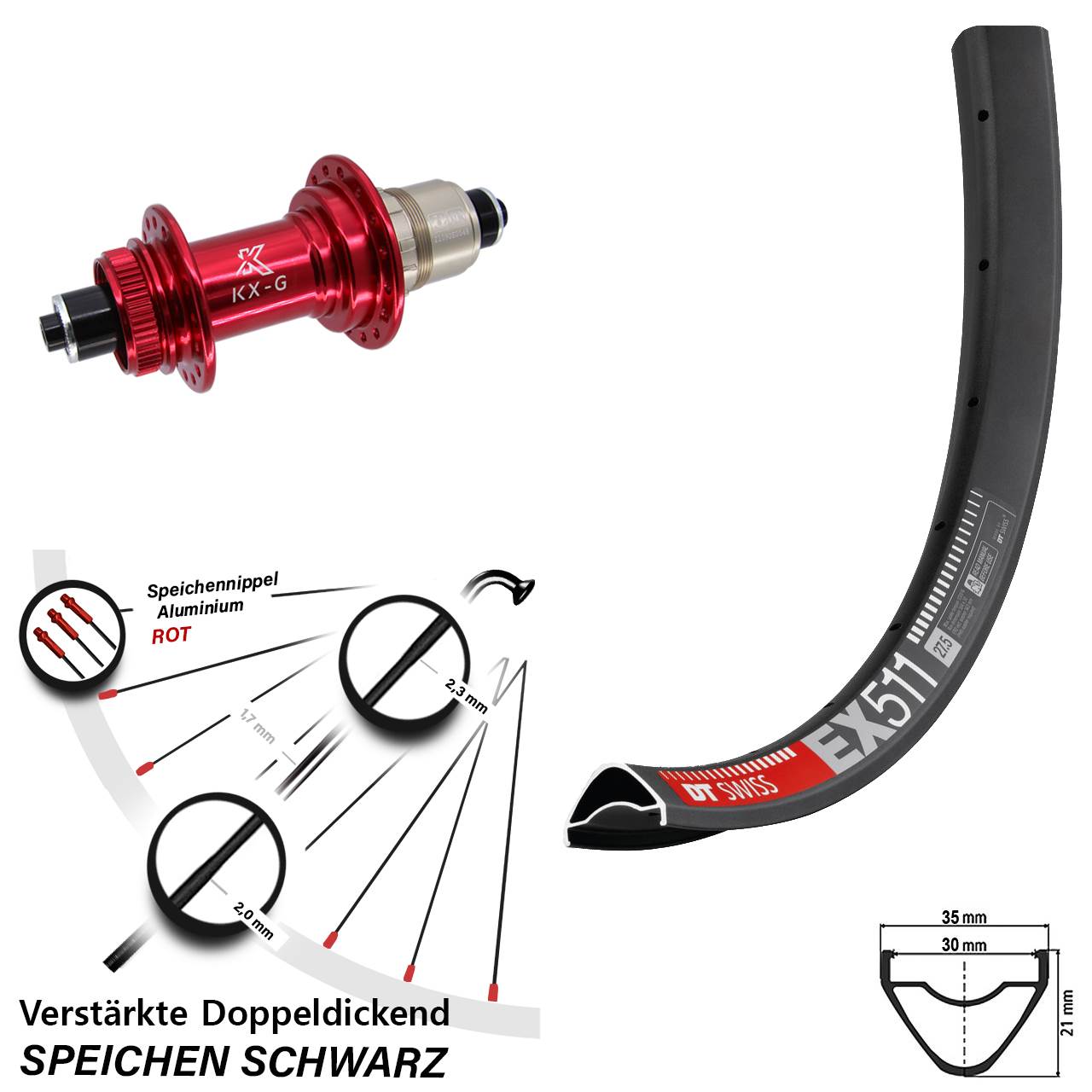 Disc Laufrad 29 Zoll DT Swiss EX 511 KX-G rot XDR für Schnellspanner