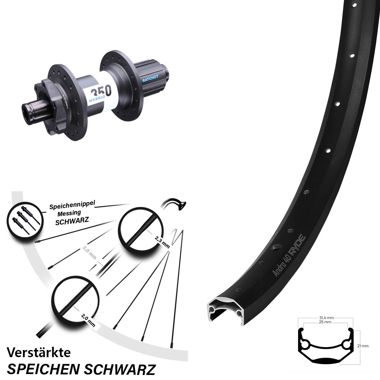 Lastenrad Ryde Andra 40 Disc Hinterrad 29 Zoll DT Swiss 350 Hybrid Boost 12x148 mm 11-fach