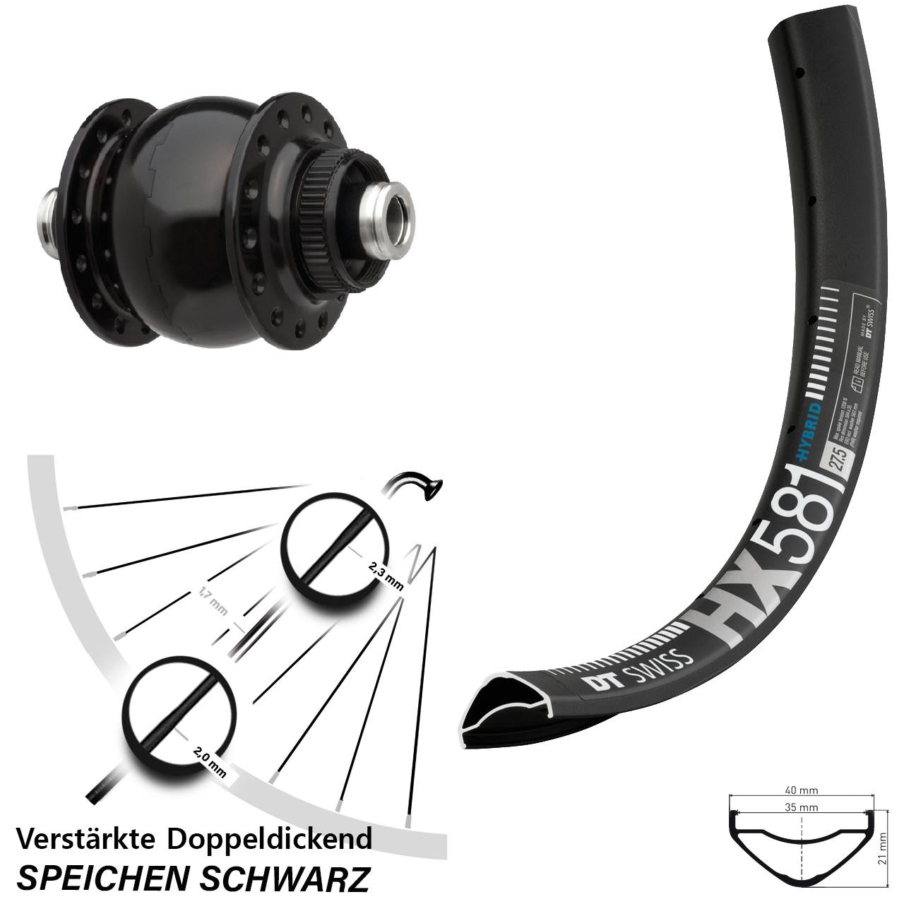 27,5 Zoll DT Swiss HX581 SON delux Disc Nabendynamovorderrad 12x100