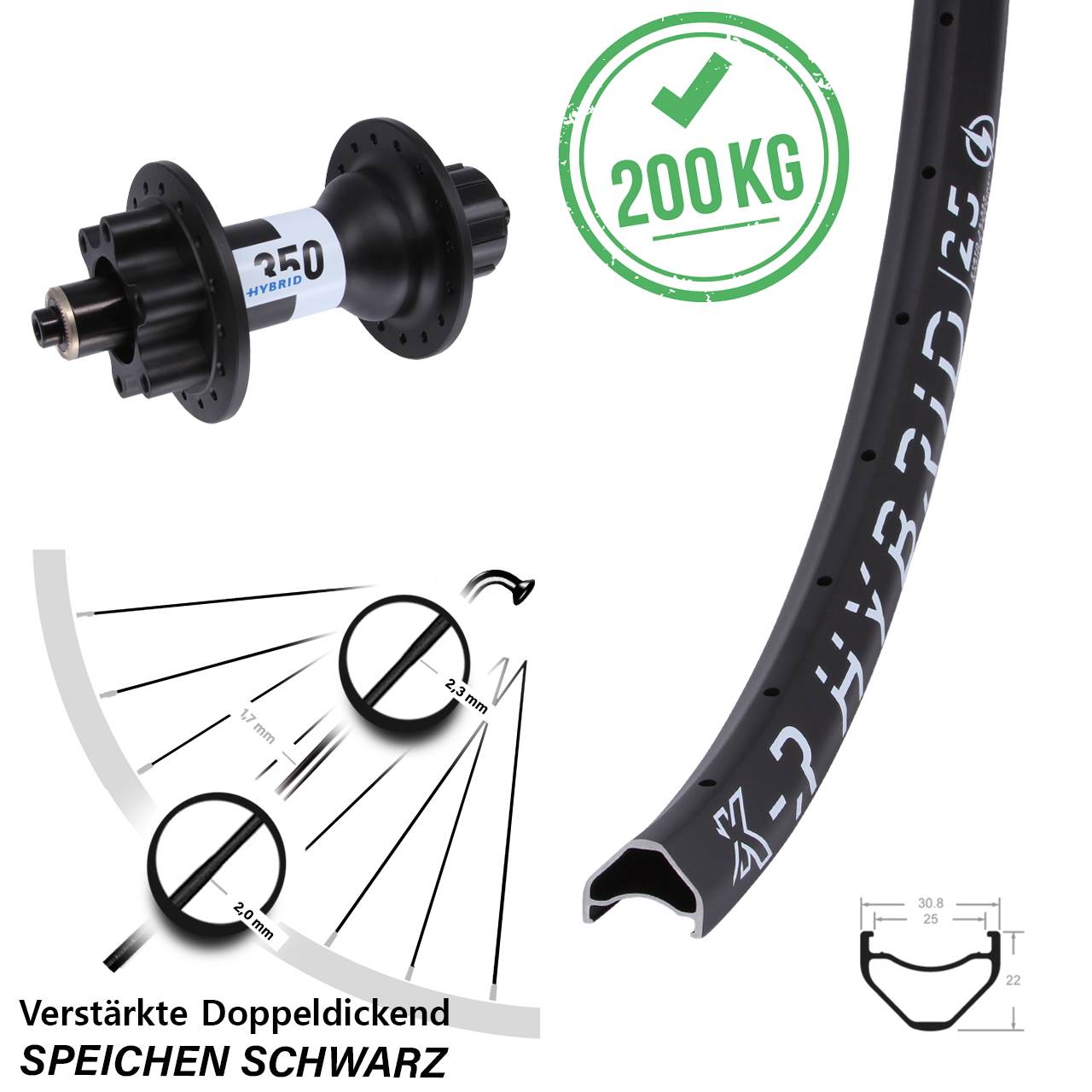 6-Loch Hinterrad 26 Zoll KX-R Hybrid 25 DT Swiss 350 Hybrid Singlespeed QR