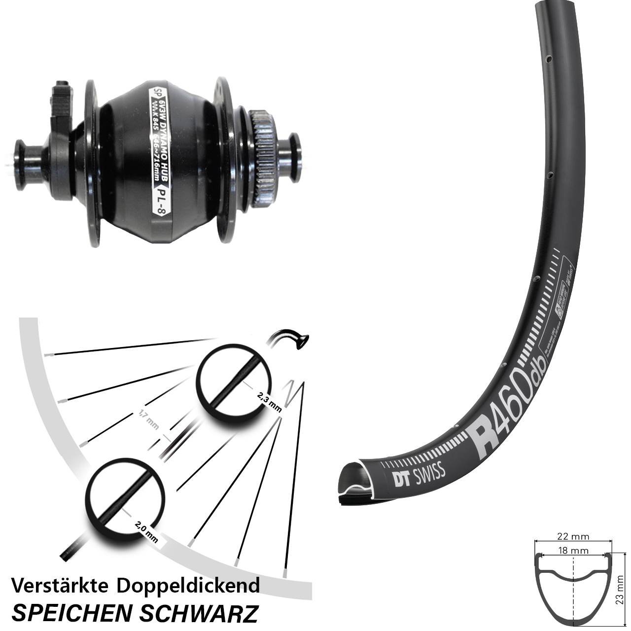 Disc Vorderrad mit Nabendynamo QR 28 Zoll DT Swiss R 460 Shutter Precision PL-8