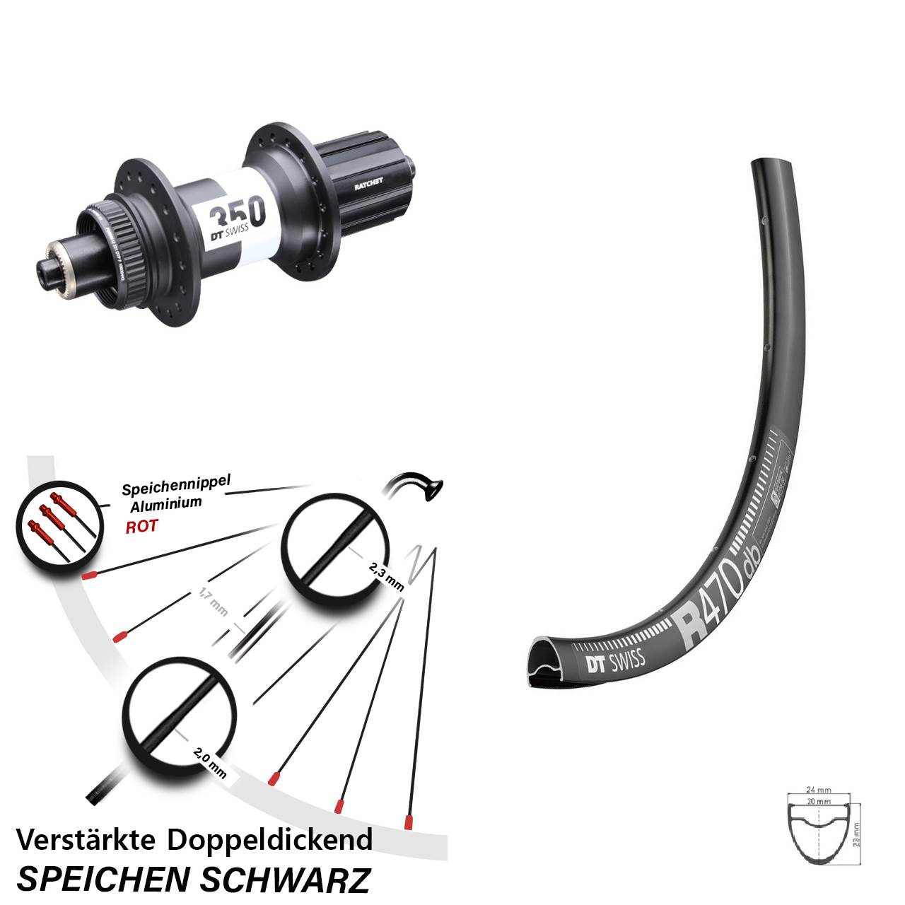 28 Zoll DT Swiss R470-350 Road Hinterrad für Schnellspanner 11-12 fach