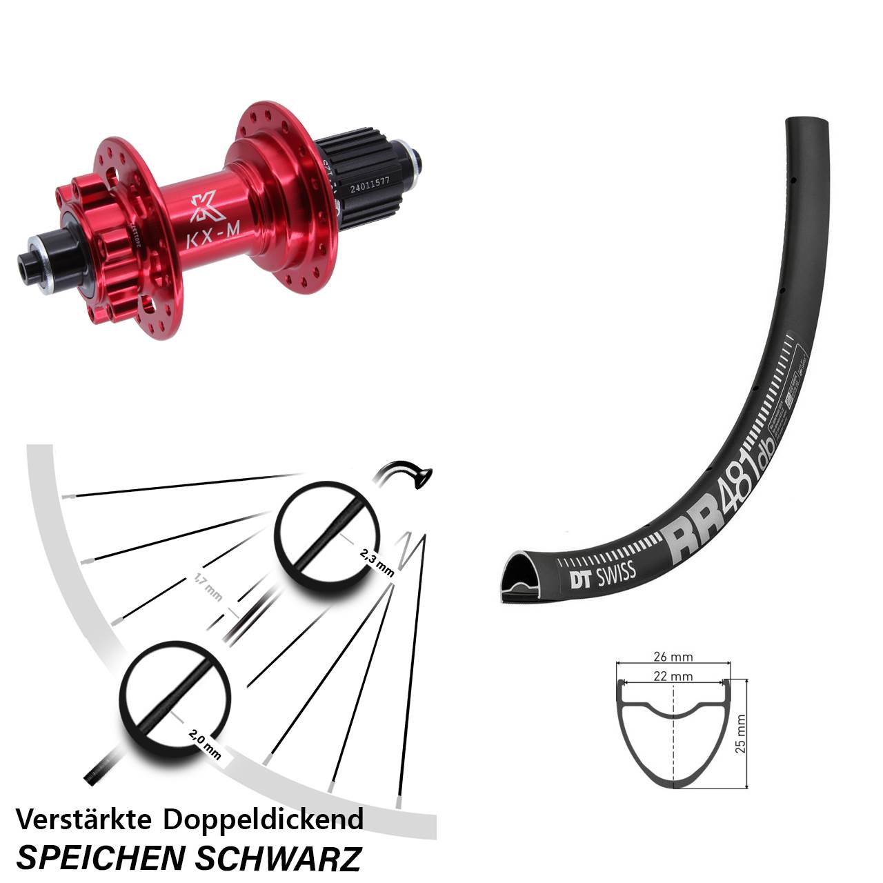 Disc Laufrad 28 Zoll DT Swiss RR481 KX-M rot Shimano Micro Spline für Schnellspanner