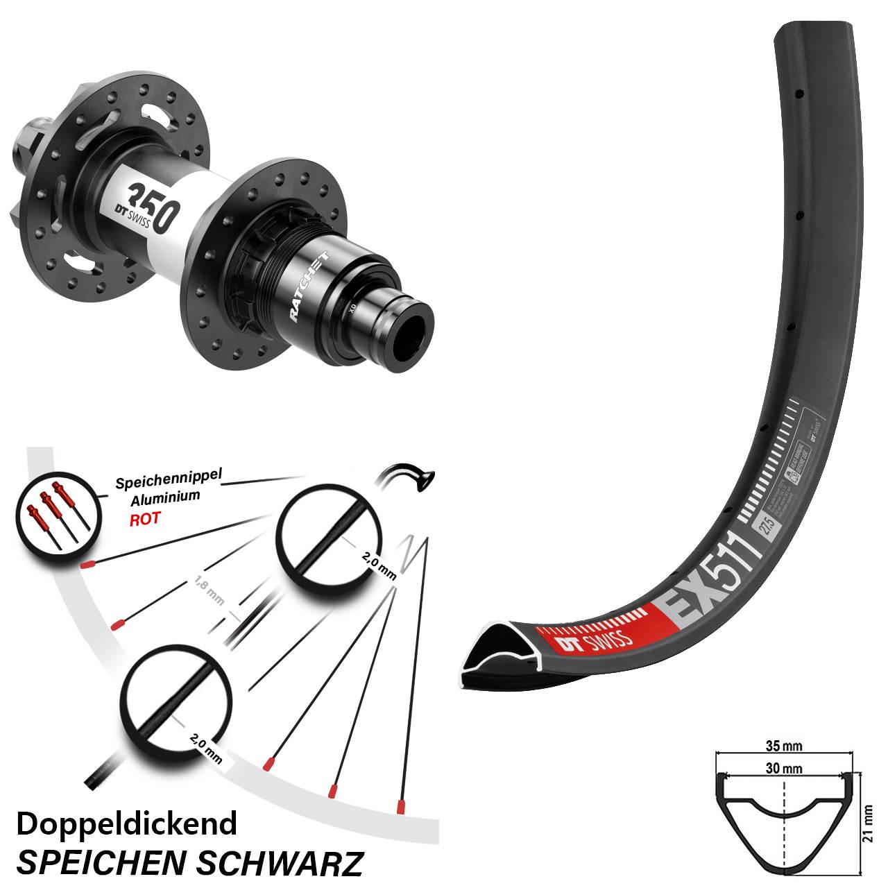 DT Swiss EX 511 27,5 Zoll Hinterrad 350 6-Loch XD 12x148
