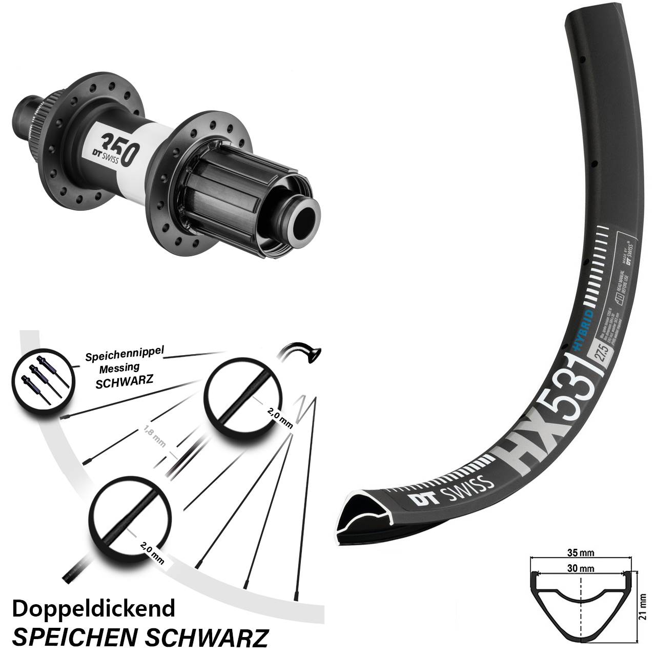 Hinterrad 29 Zoll DT Swiss HX 531 DB 350 Hinterradnabe Centerlock 11-fach 12 mm Steckachse