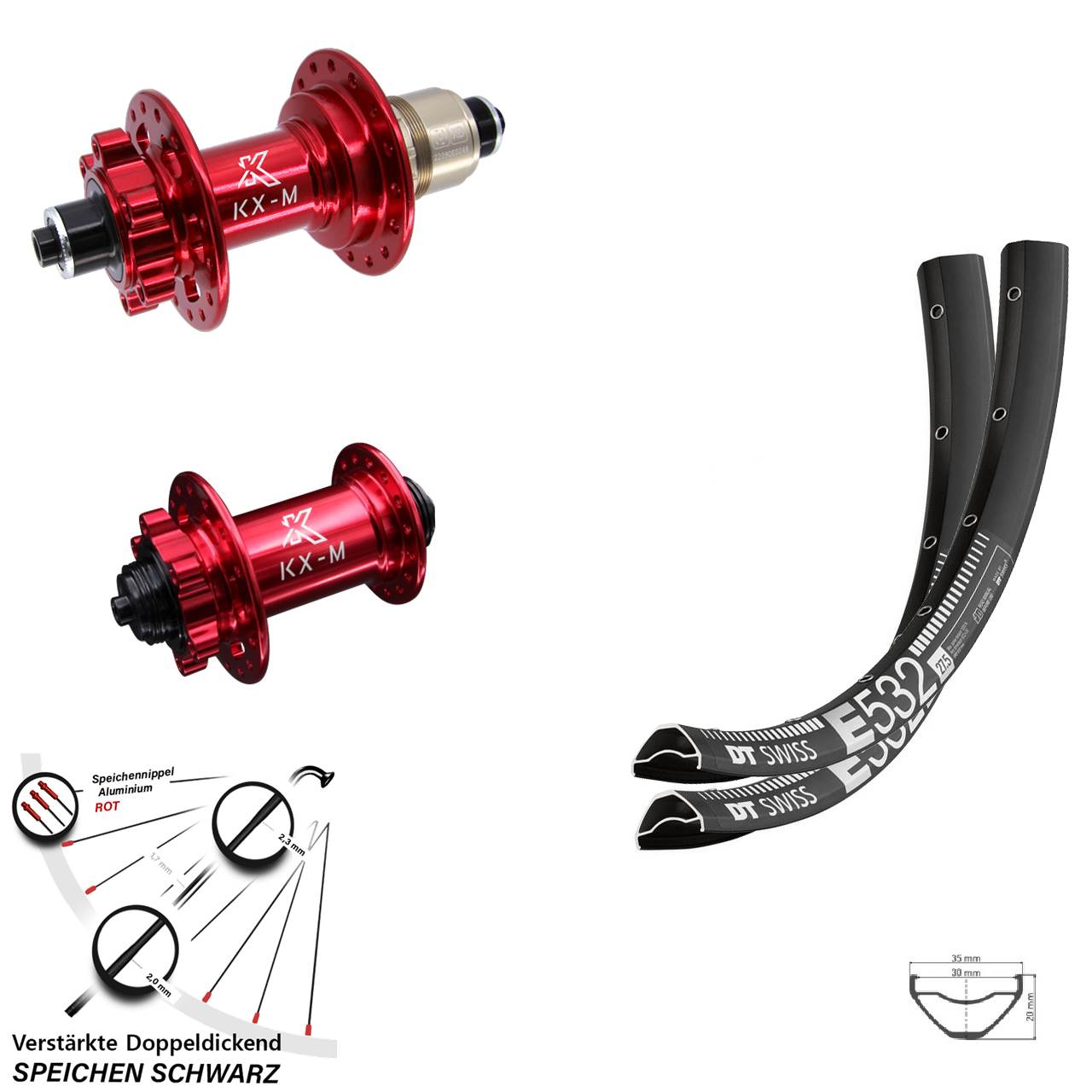 27,5 Zoll DT Swiss E 532 KX-M rot Disc Laufrad-Satz für Schnellspanner XD 11-12 fach