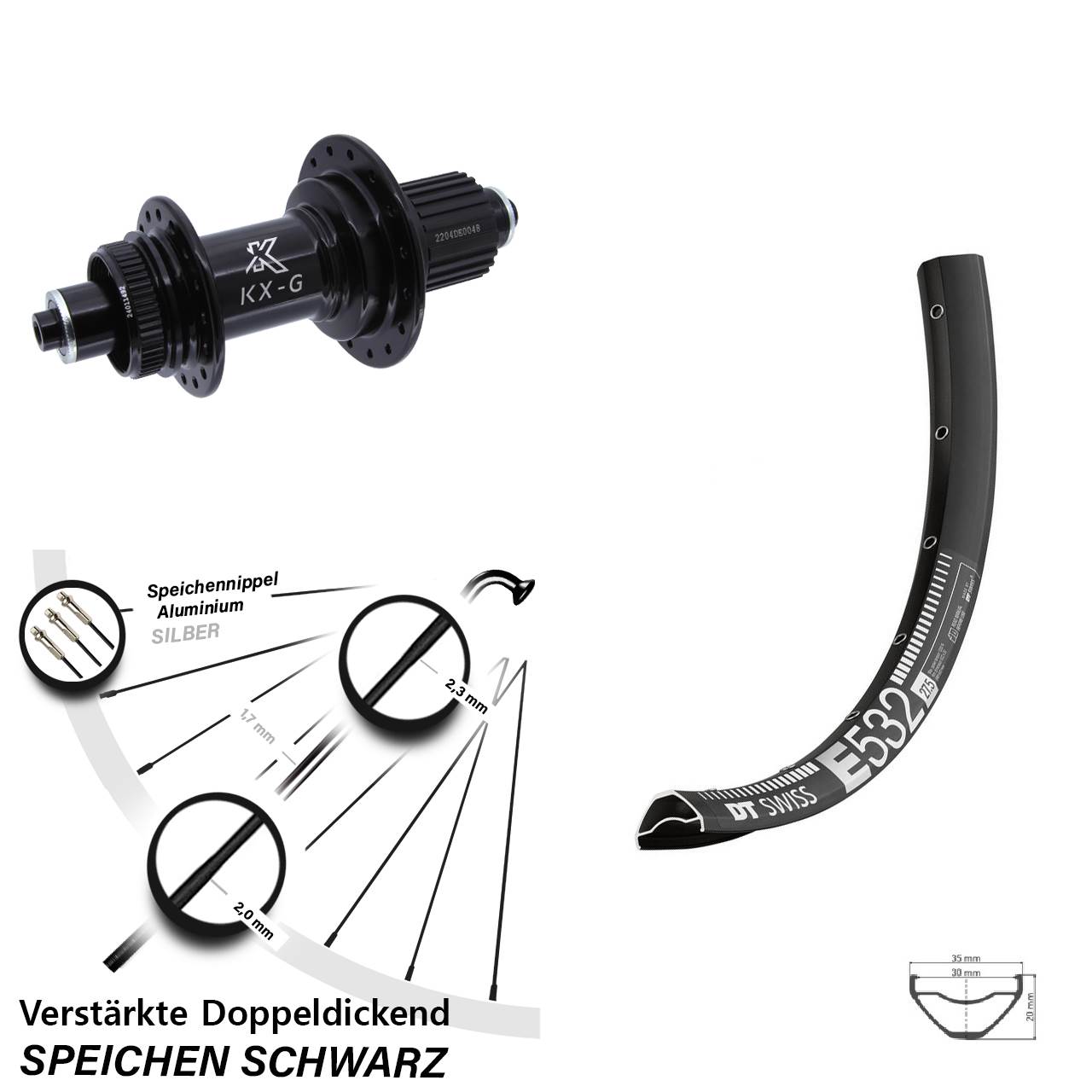 Disc Hinterrad 27,5 Zoll DT Swiss E 532 KX-GS Heavy Duty Shimano Micro Spline QR